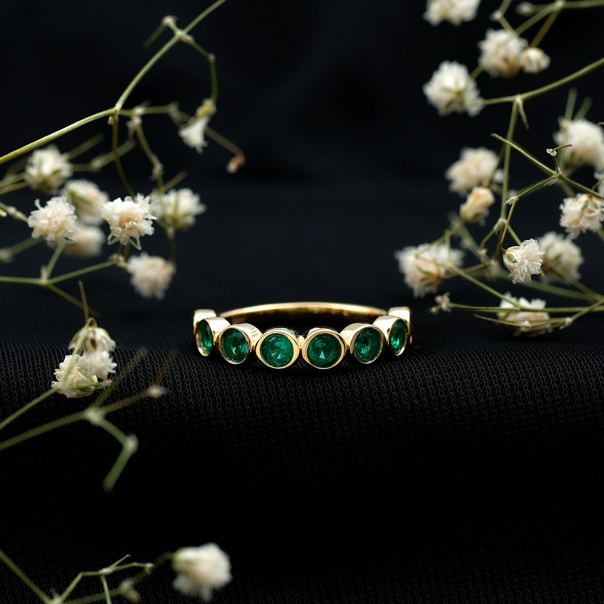 Lab Created Emerald Half Eternity Ring 14K Gold Plated Silver AAAA 14K Yellow Gold Plated Silver - Rosec Jewels