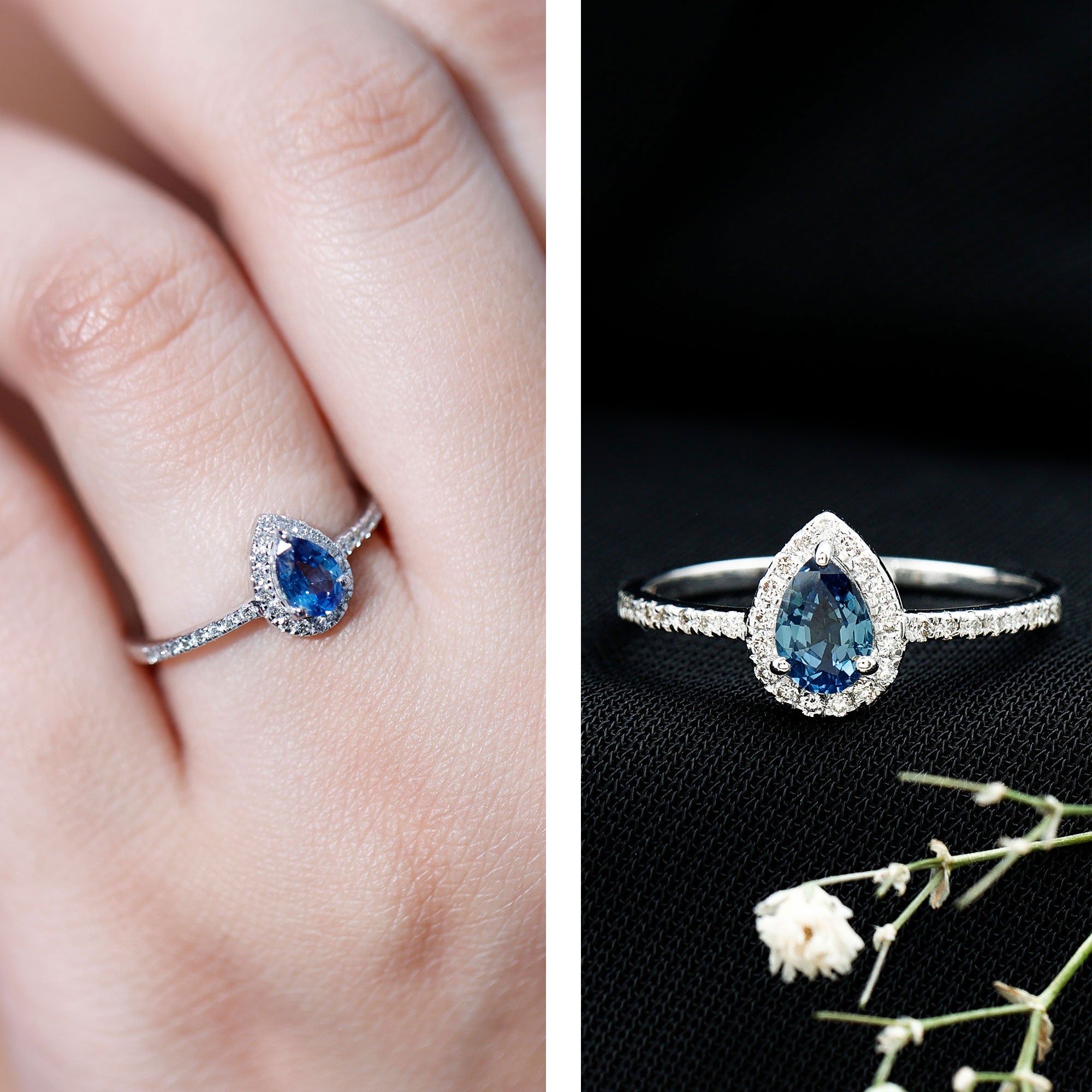 Natural Half Carat Blue Sapphire Teardrop Engagement Ring with Diamond Halo AAA - Rosec Jewels