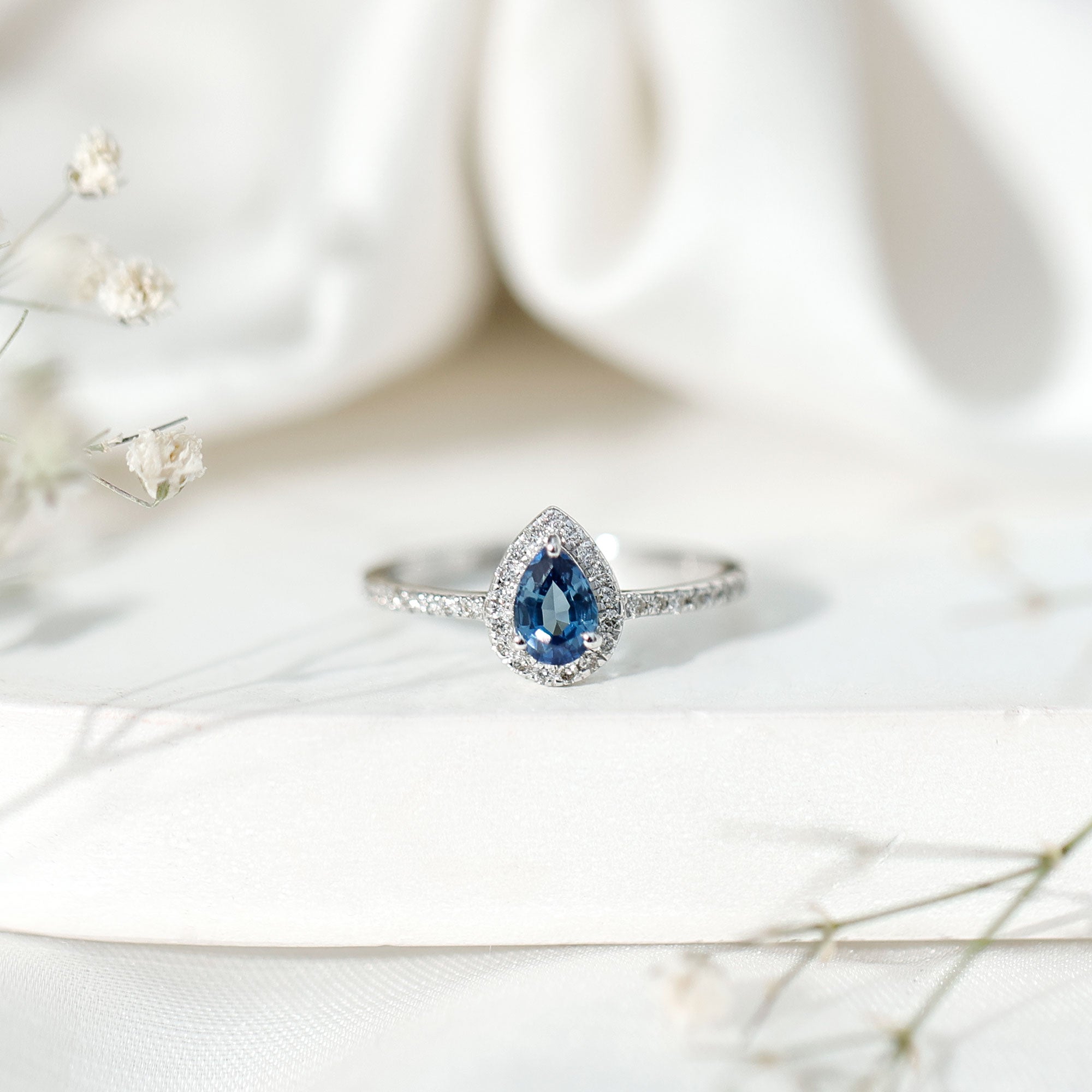Natural Half Carat Blue Sapphire Teardrop Engagement Ring with Diamond Halo AAA - Rosec Jewels
