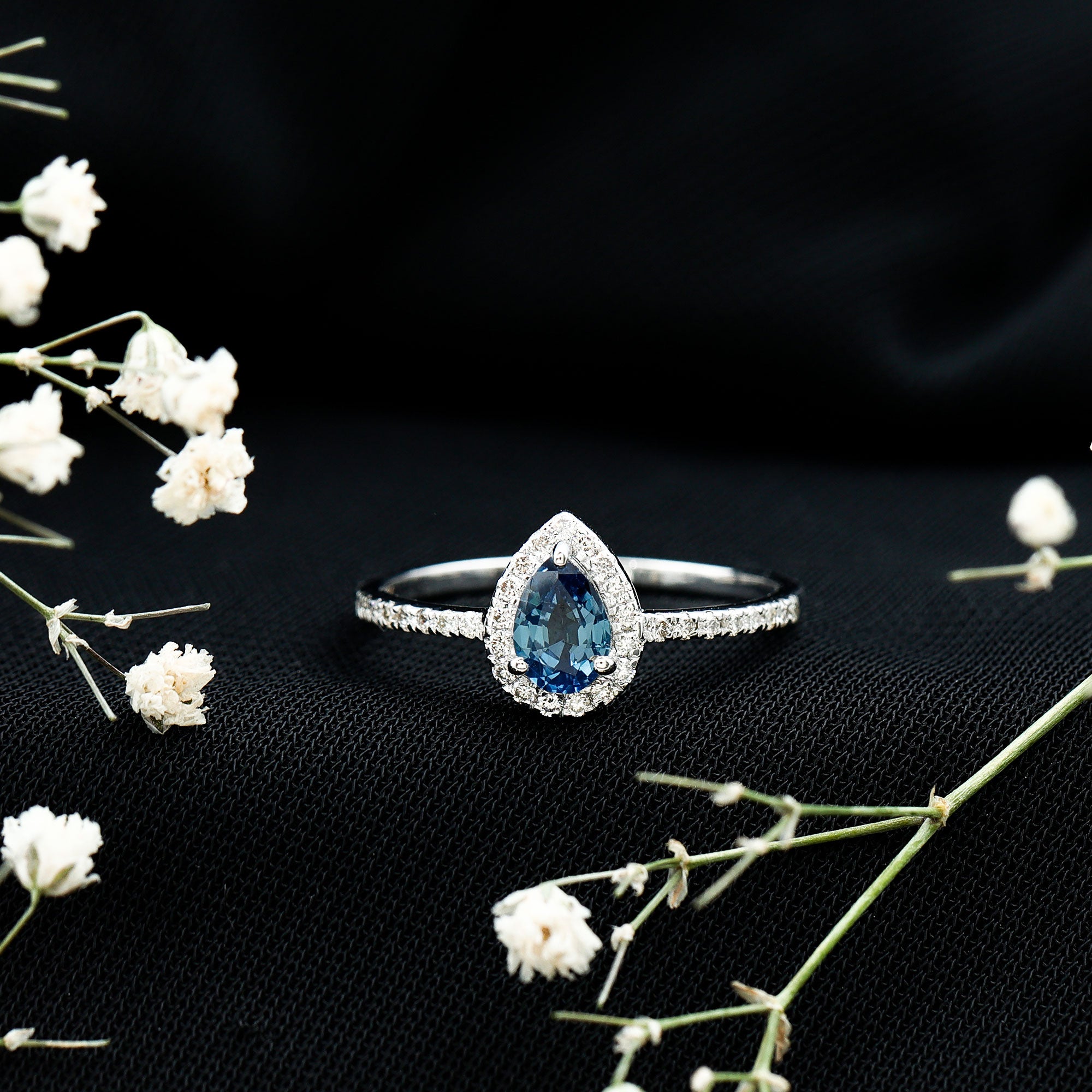 Natural Half Carat Blue Sapphire Teardrop Engagement Ring with Diamond Halo AAA - Rosec Jewels
