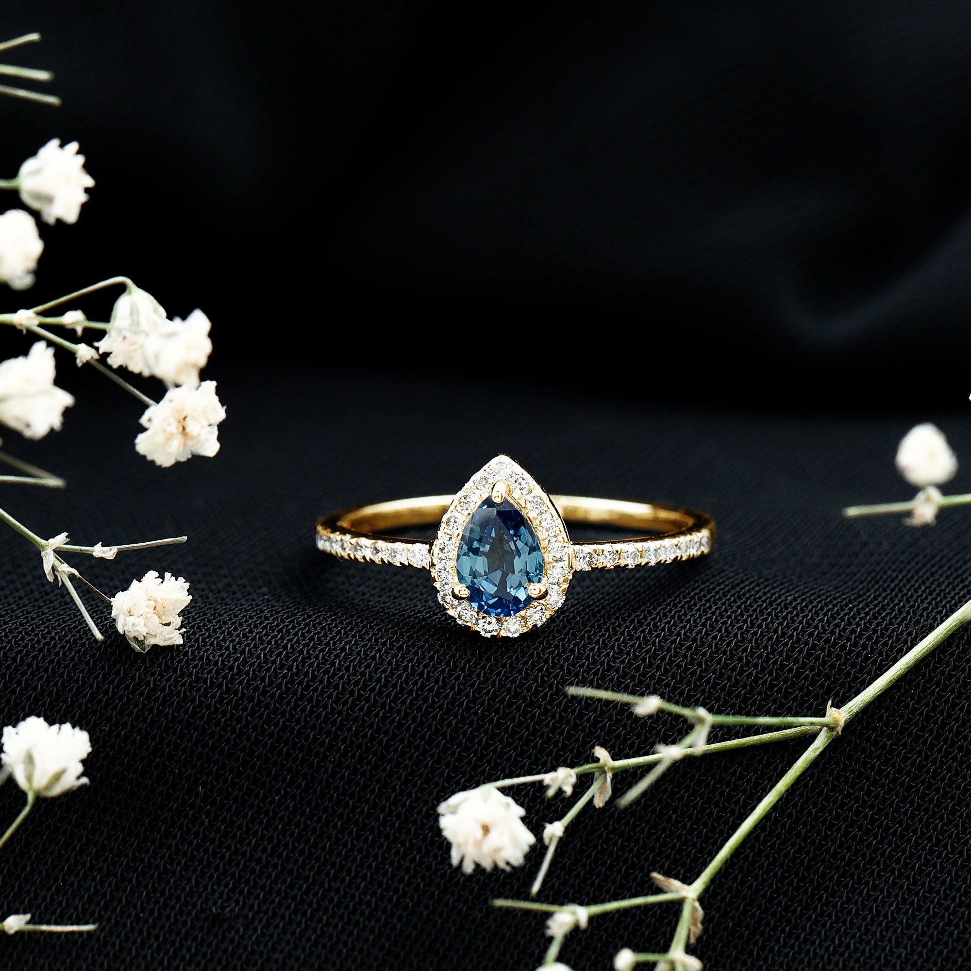 Natural Half Carat Blue Sapphire Teardrop Engagement Ring with Diamond Halo AAA - Rosec Jewels