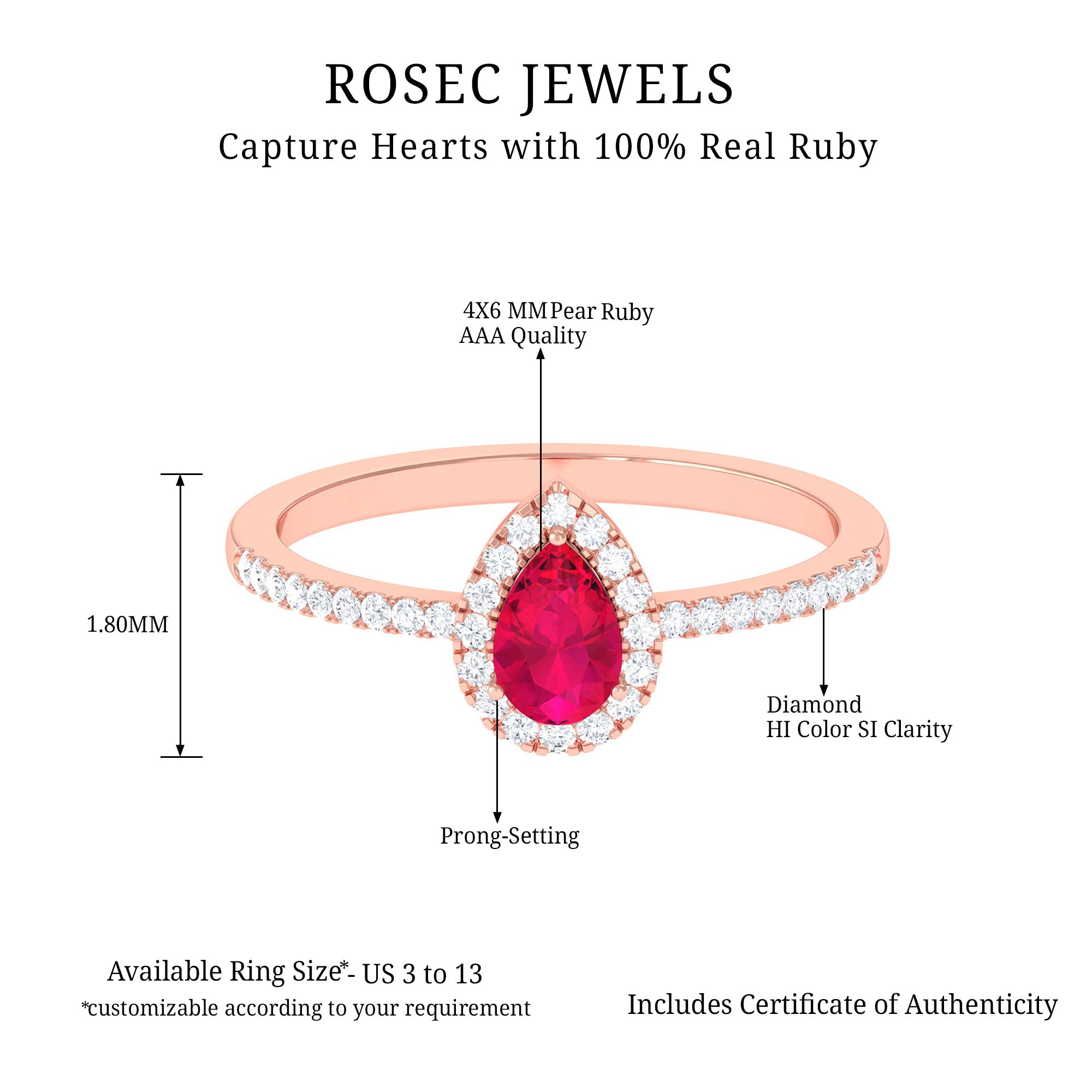Natural Ruby Teardrop Ring with Diamond Halo AAA - Rosec Jewels