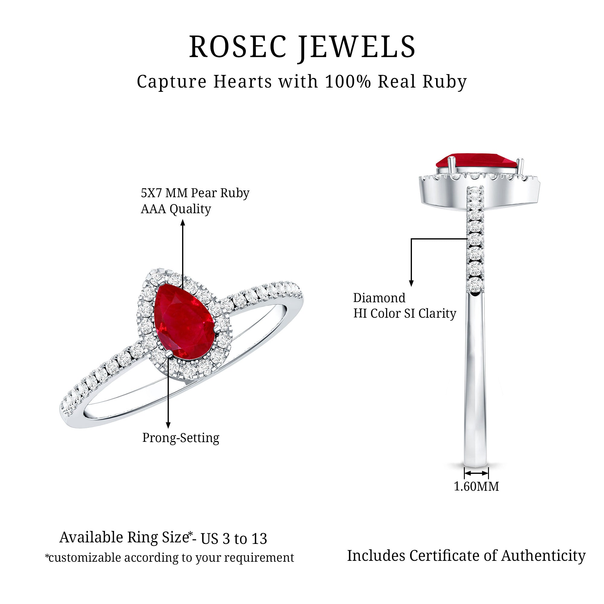 Natural Ruby Teardrop Ring with Diamond Halo AAA - Rosec Jewels