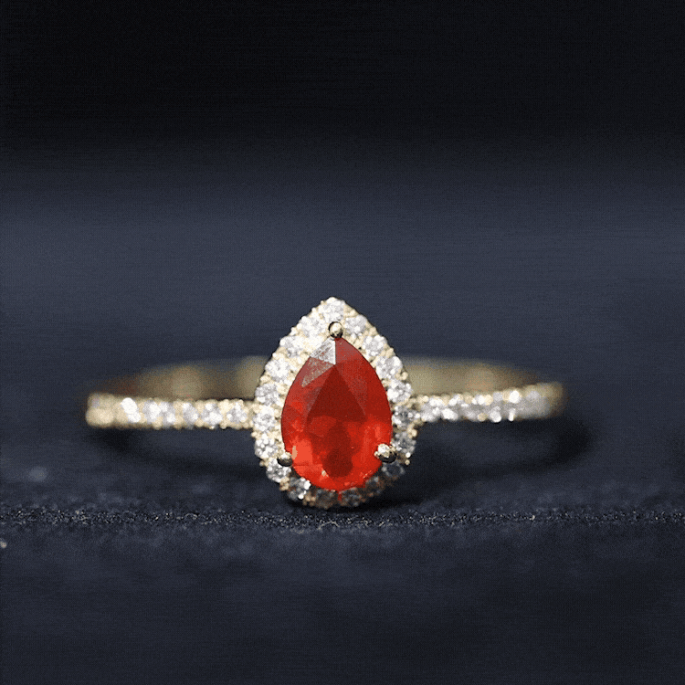 Rosec Jewels-Genuine Fire Opal Teardrop Ring with Diamond Halo
