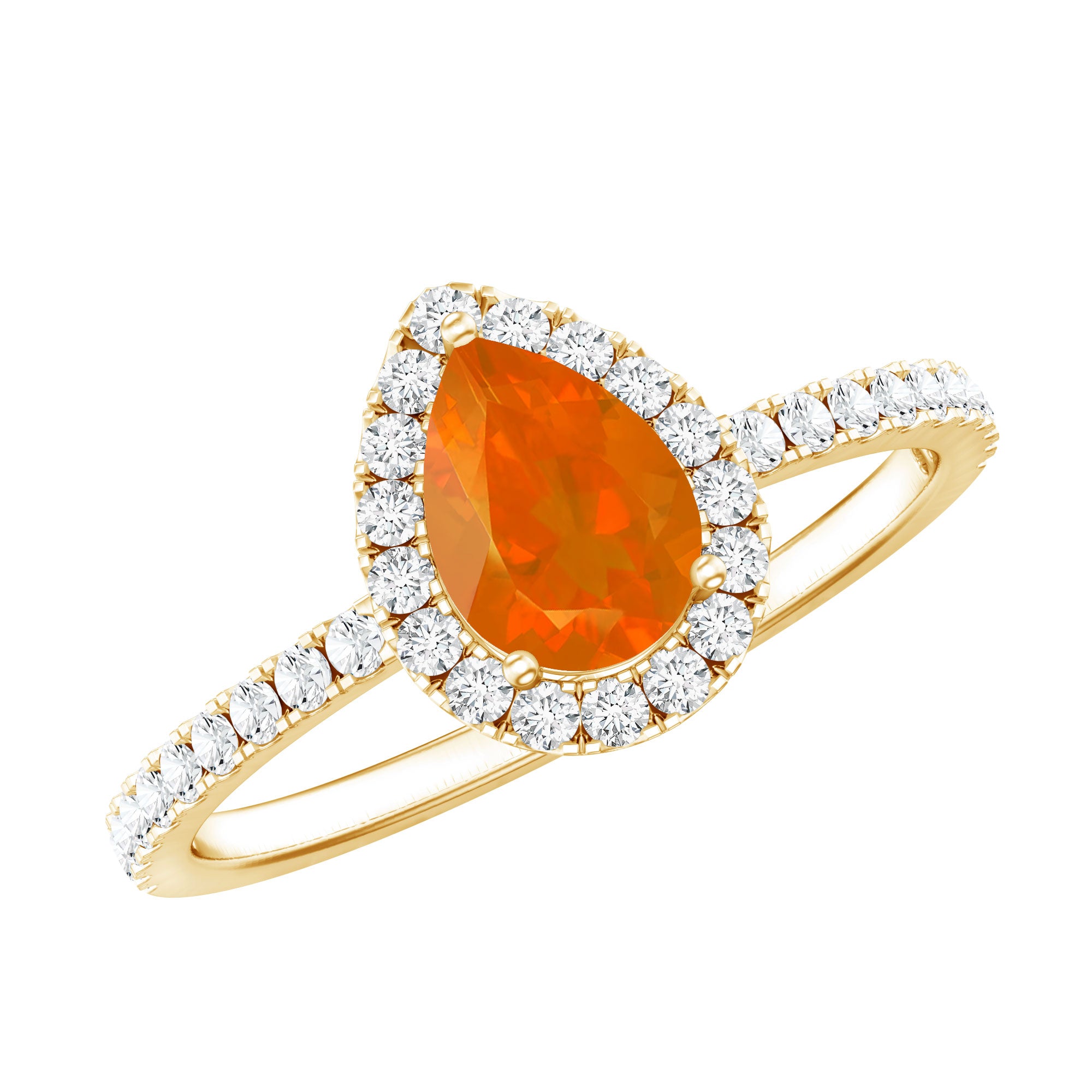 Rosec Jewels-Genuine Fire Opal Teardrop Ring with Diamond Halo