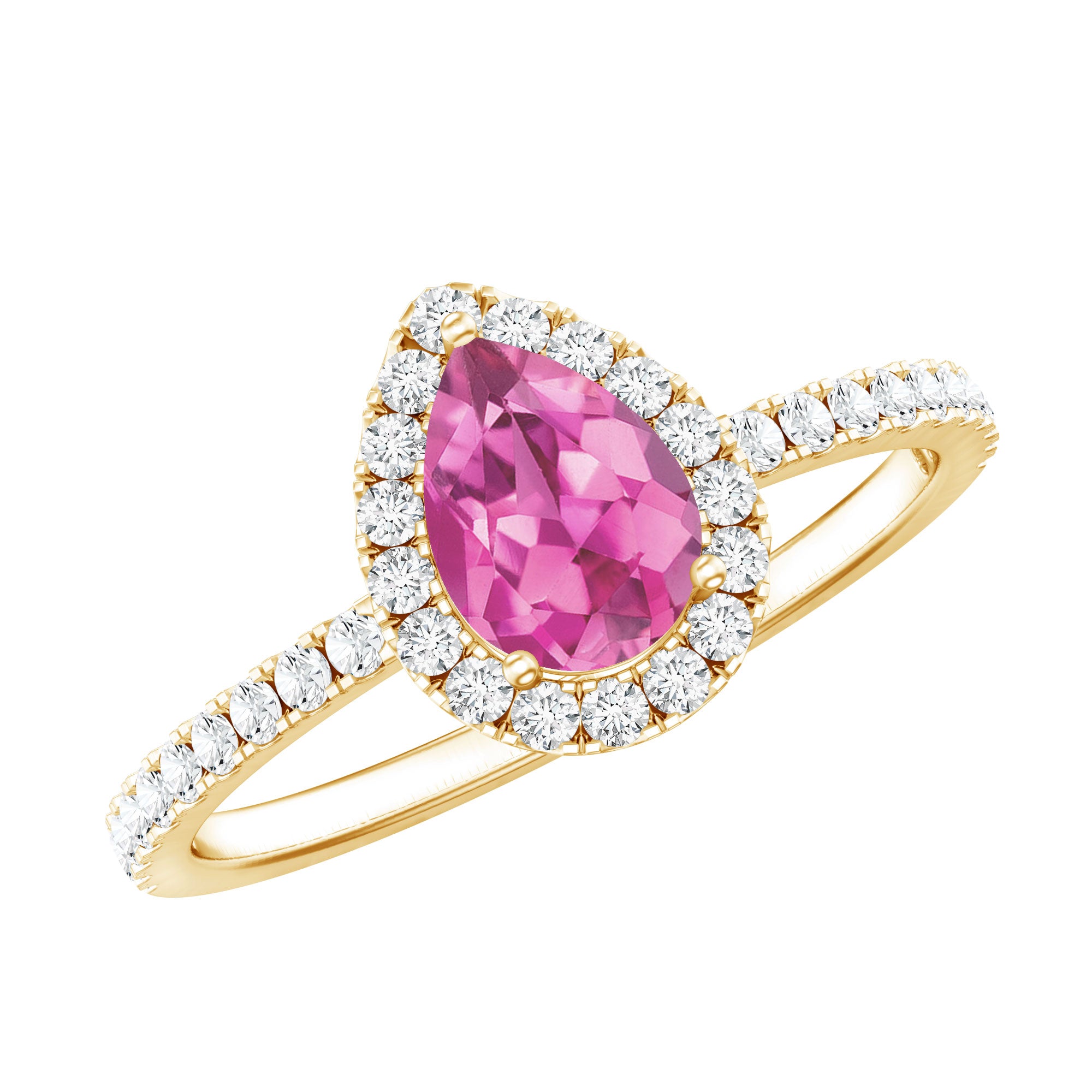 Natural Pink Tourmaline Teardrop Ring with Diamond Halo AAA - Rosec Jewels