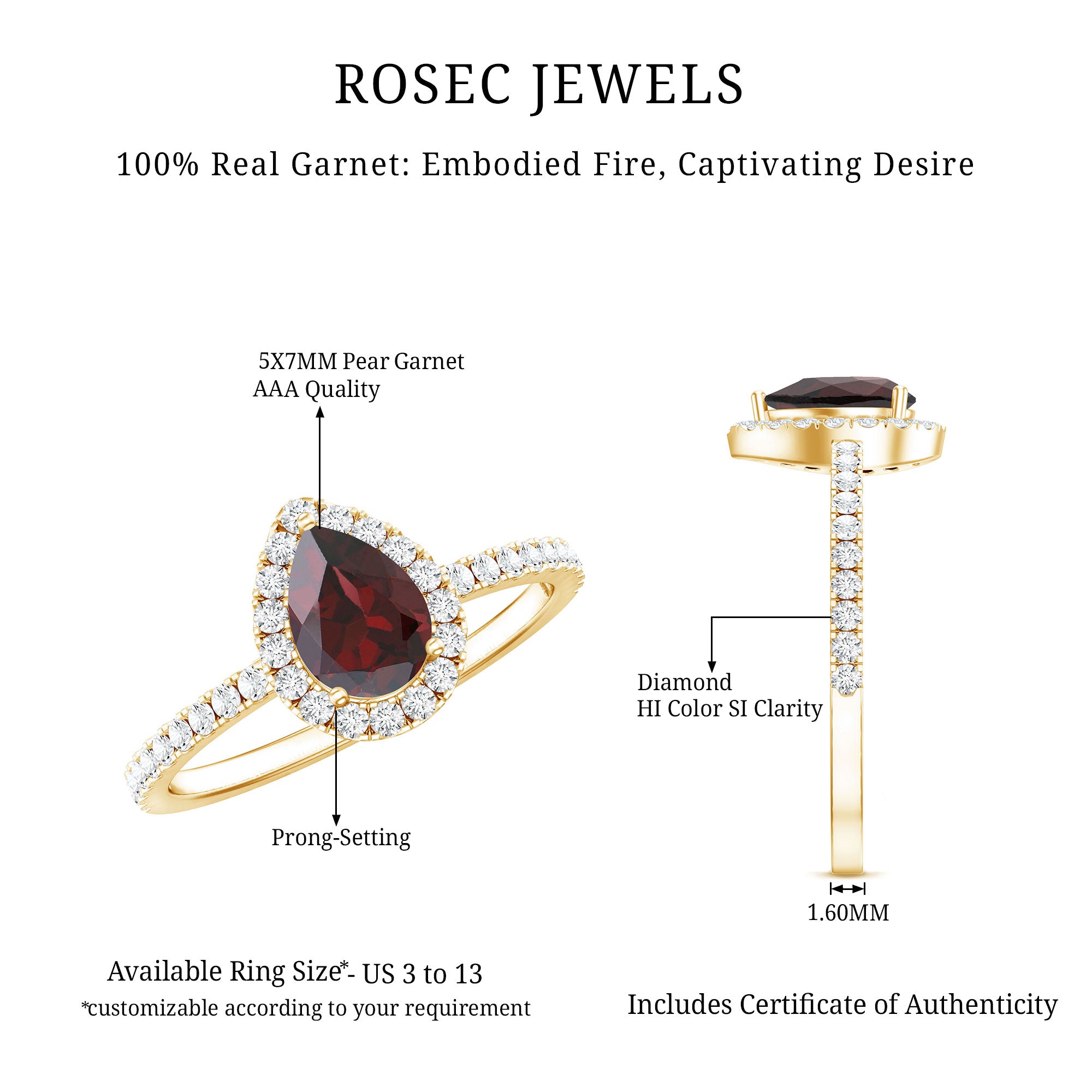 Natural 5X7mm Garnet Teardrop Engagement Ring with Diamond Halo AAA - Rosec Jewels
