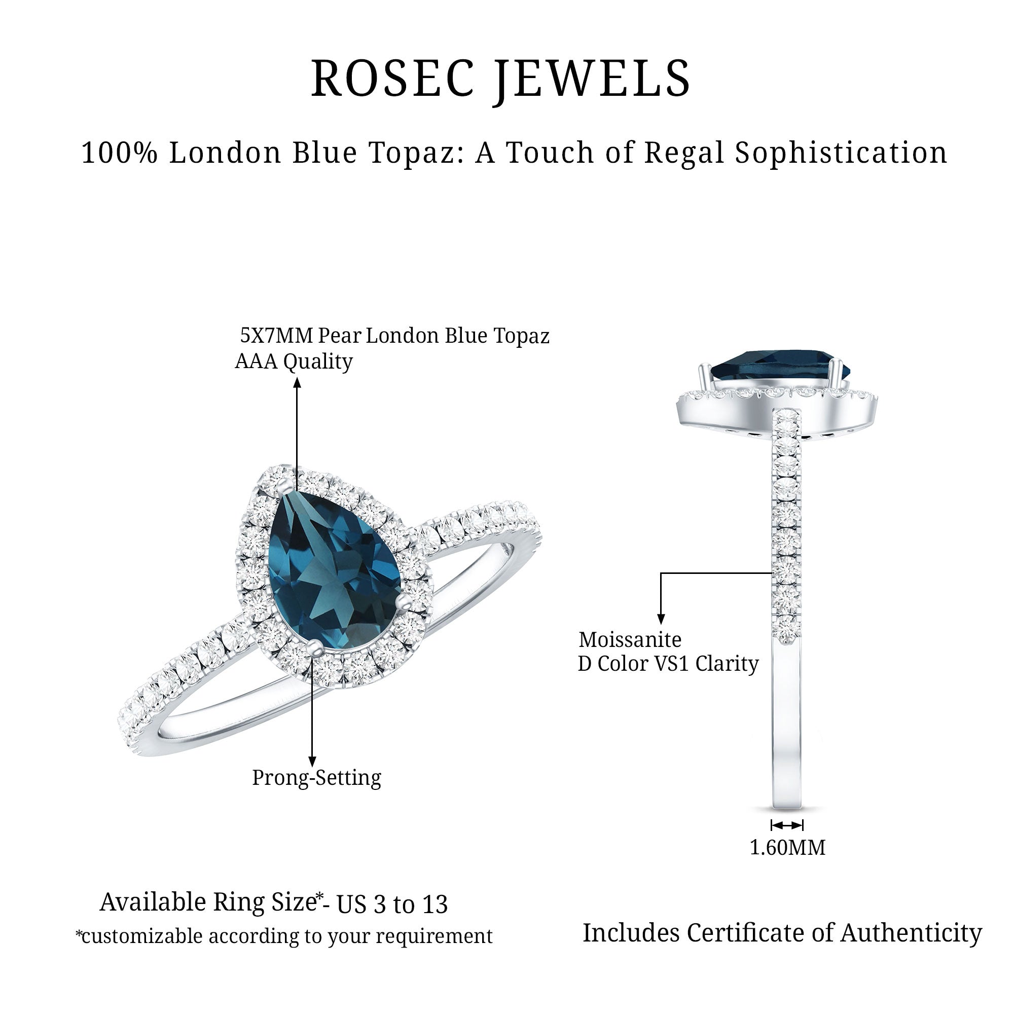 5X7mm Pear Shape London Blue Topaz Teardrop Engagement Ring with Moissanite Halo AAA - Rosec Jewels
