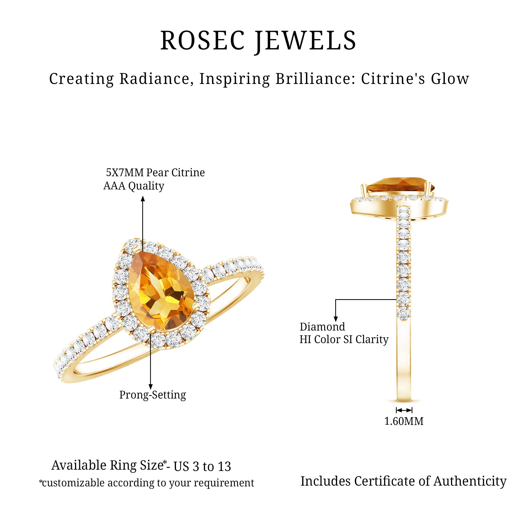 Classic Citrine Teardrop Engagement Ring with Diamond Halo AAA - Rosec Jewels