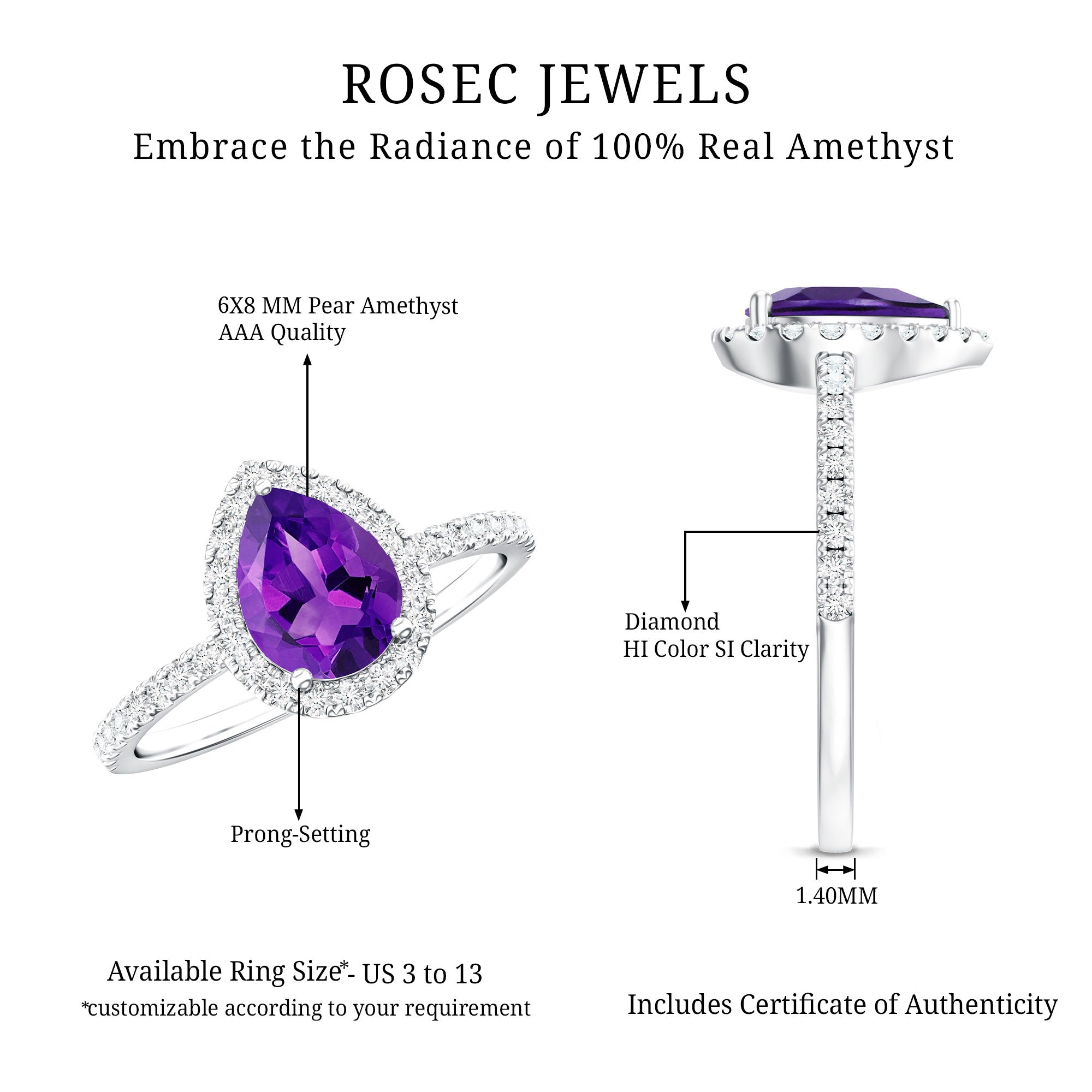 Natural Amethyst Teardrop Engagement Ring with Diamond Halo AAA - Rosec Jewels