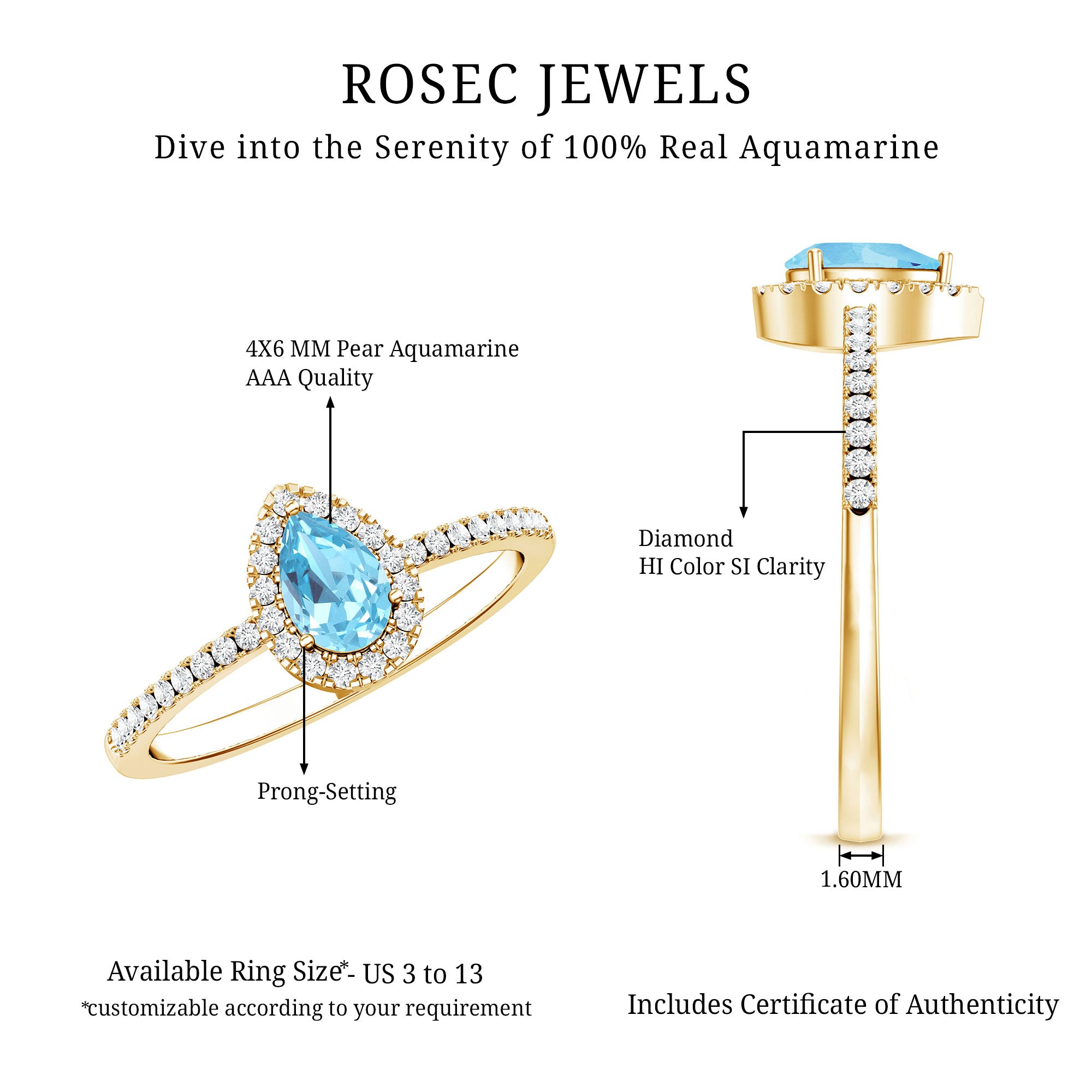 Natural Aquamarine Teardrop Engagement Ring with Diamond Halo AAA - Rosec Jewels