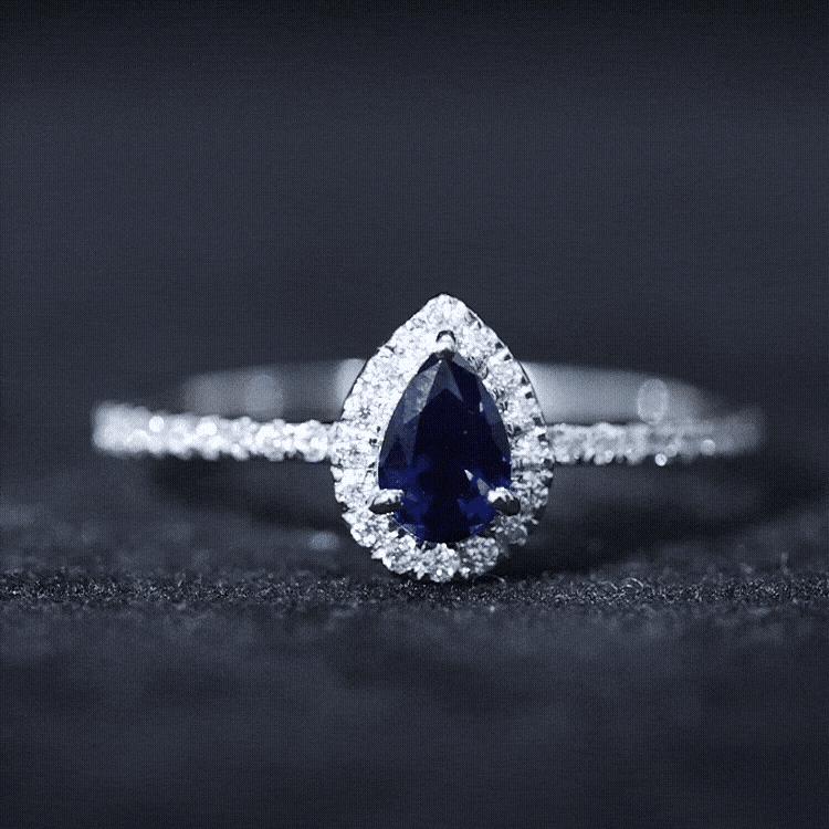Certified Half Carat Lab Grown Blue Sapphire Teardrop Engagement Ring with Diamond Halo AAAA - Rosec Jewels