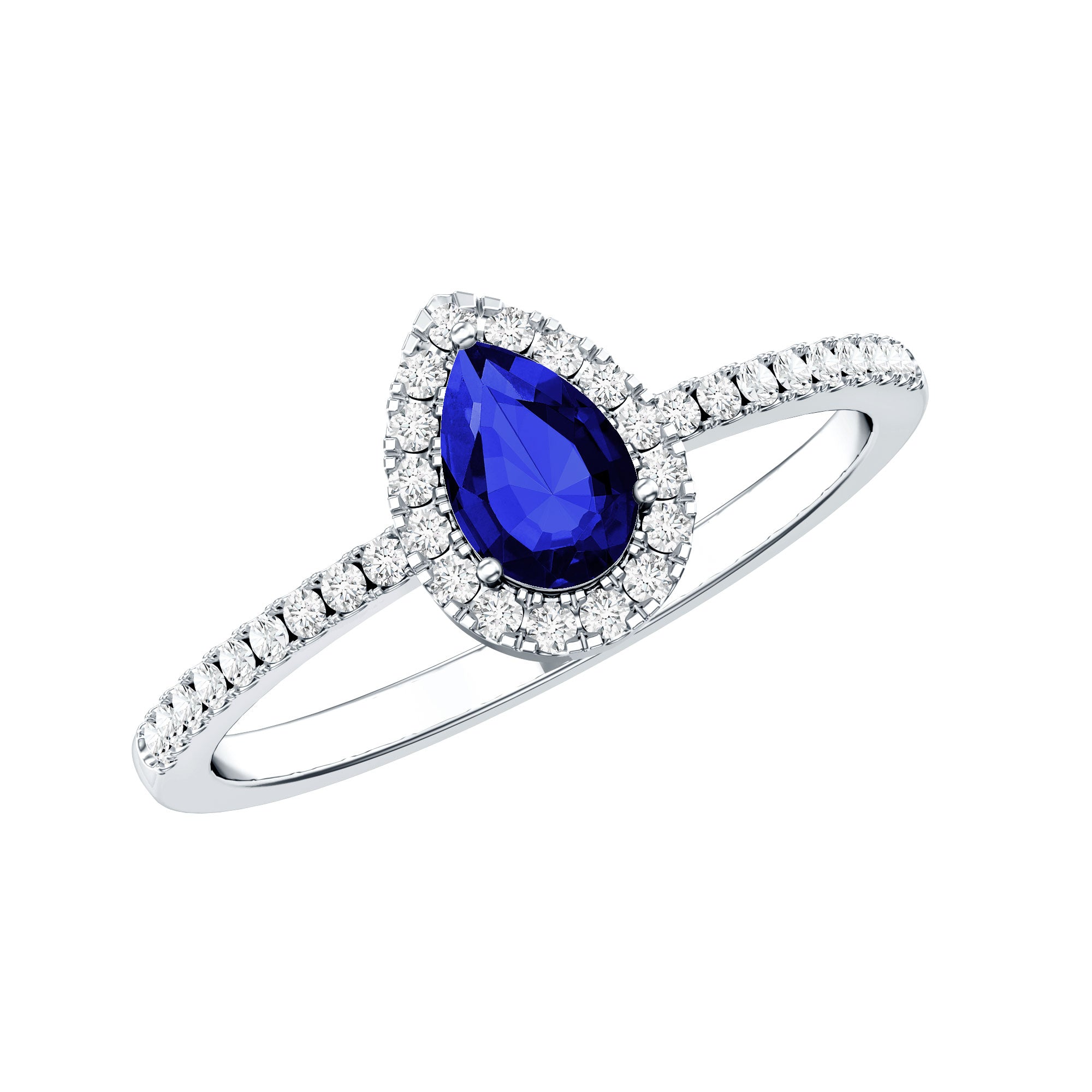 Certified Half Carat Lab Grown Blue Sapphire Teardrop Engagement Ring with Diamond Halo AAAA - Rosec Jewels