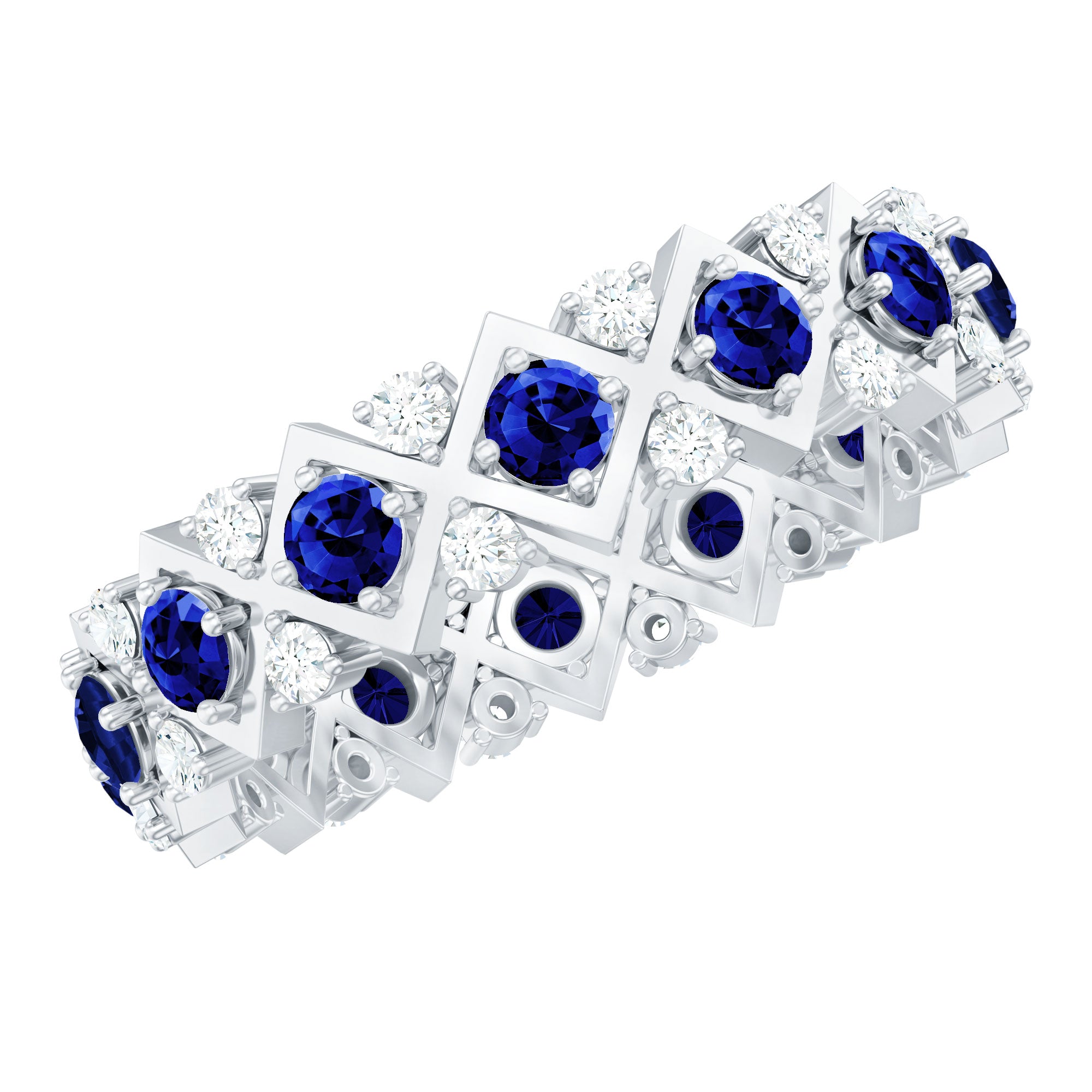 Lab Created Blue Sapphire and Diamond Designer Wedding Band for Women AAAA - Rosec Jewels