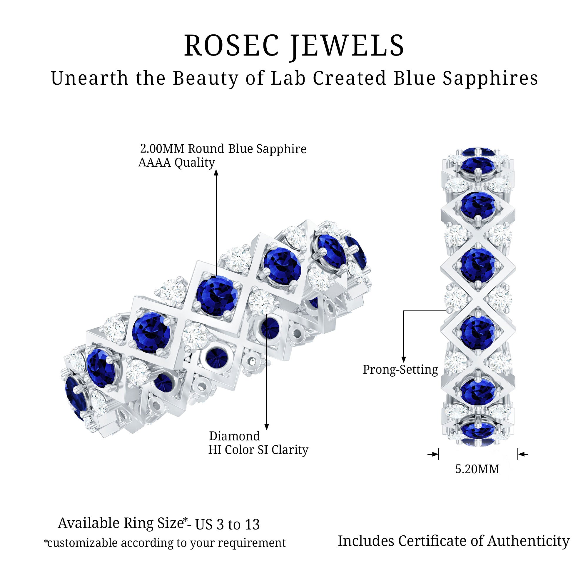 Lab Created Blue Sapphire and Diamond Designer Wedding Band for Women AAAA - Rosec Jewels