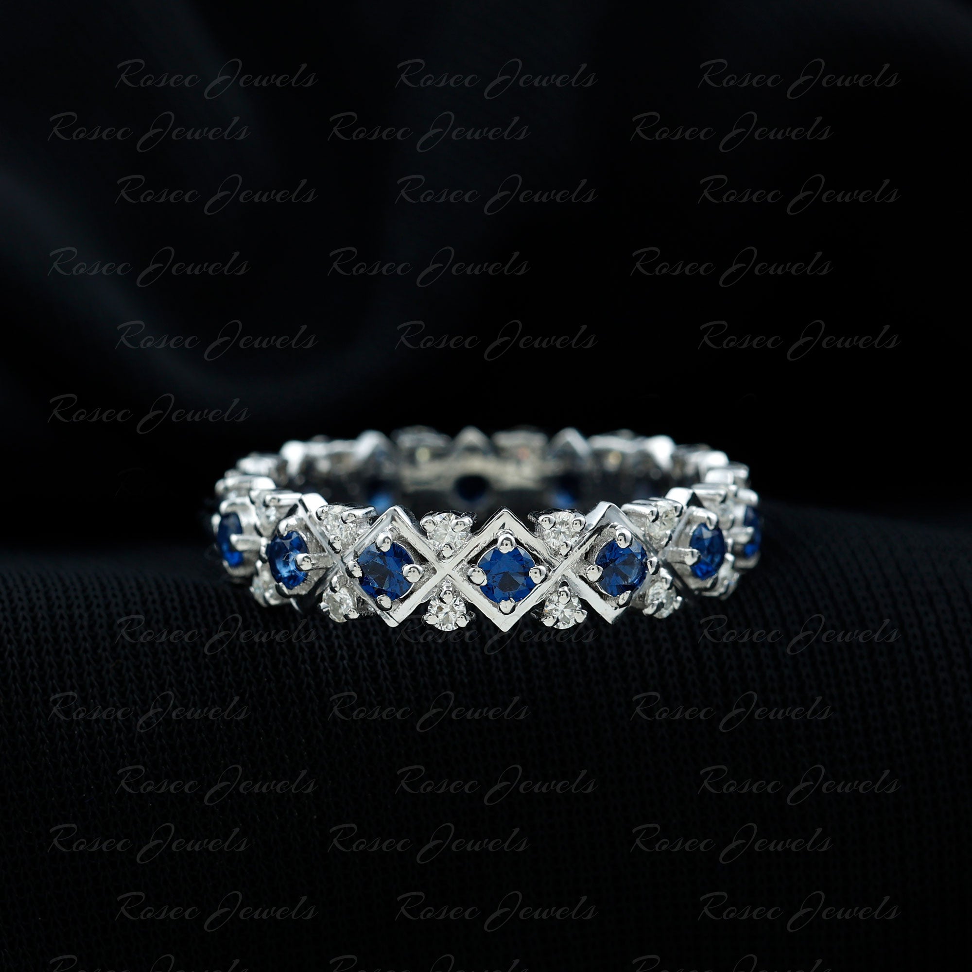Lab Created Blue Sapphire and Diamond Designer Wedding Band for Women AAAA - Rosec Jewels