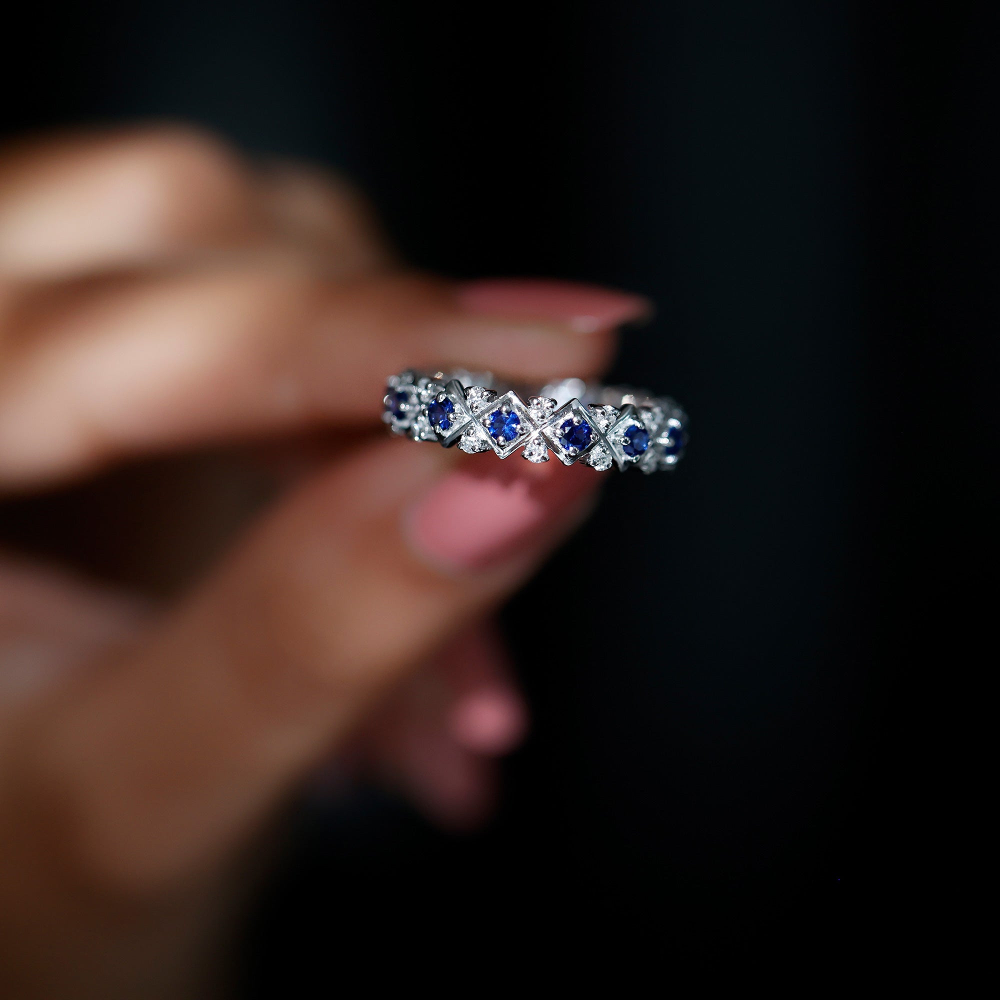 Lab Created Blue Sapphire and Diamond Designer Wedding Band for Women AAAA - Rosec Jewels