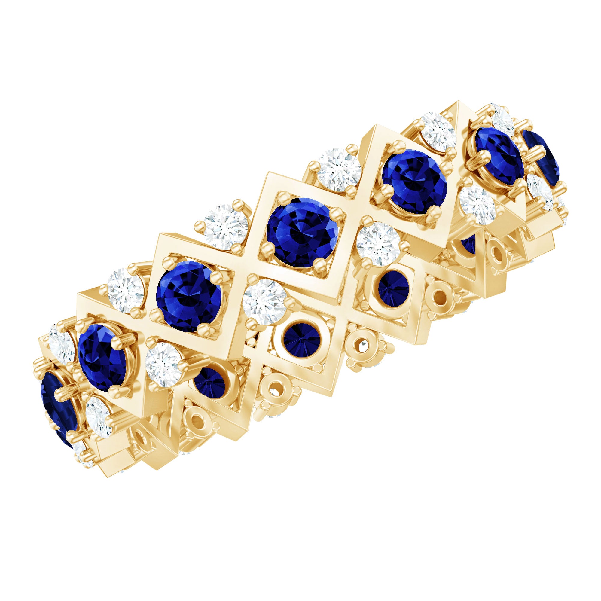 Lab Created Blue Sapphire and Diamond Designer Wedding Band for Women AAAA - Rosec Jewels