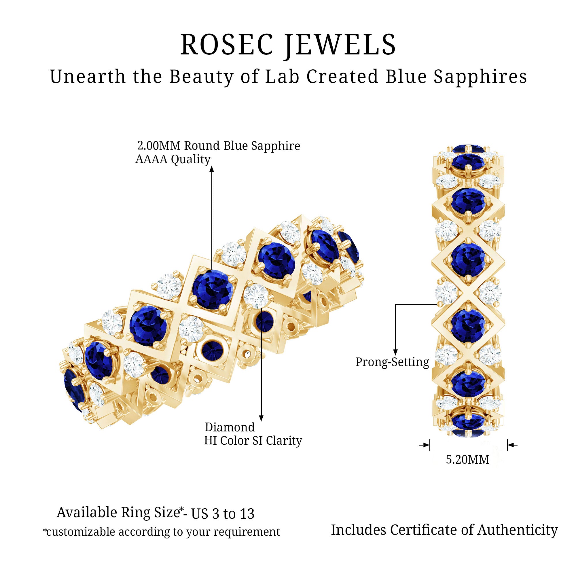 Lab Created Blue Sapphire and Diamond Designer Wedding Band for Women AAAA - Rosec Jewels
