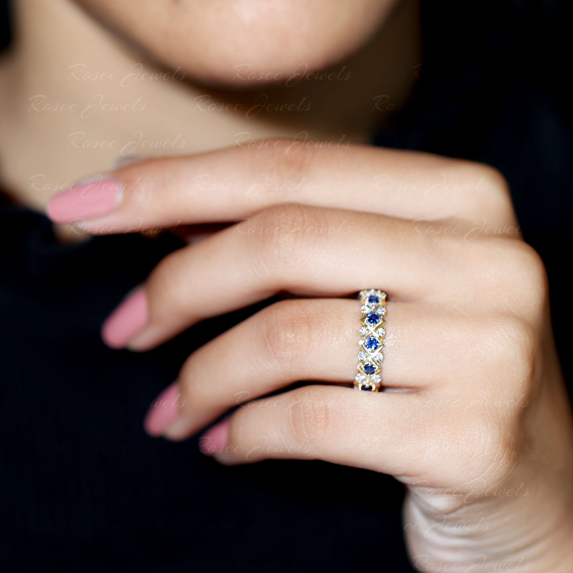 Lab Created Blue Sapphire and Diamond Designer Wedding Band for Women AAAA - Rosec Jewels