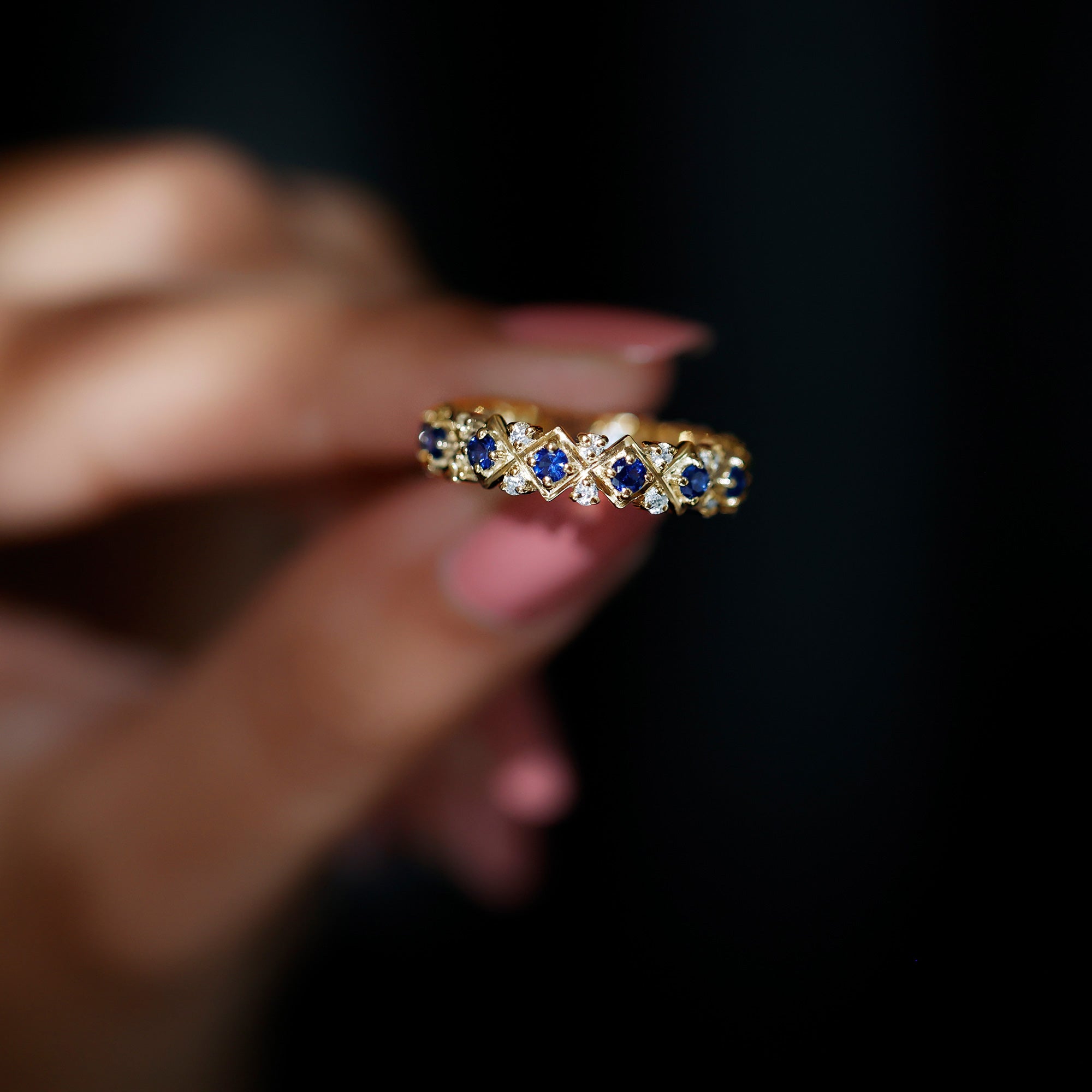Lab Created Blue Sapphire and Diamond Designer Wedding Band for Women AAAA - Rosec Jewels