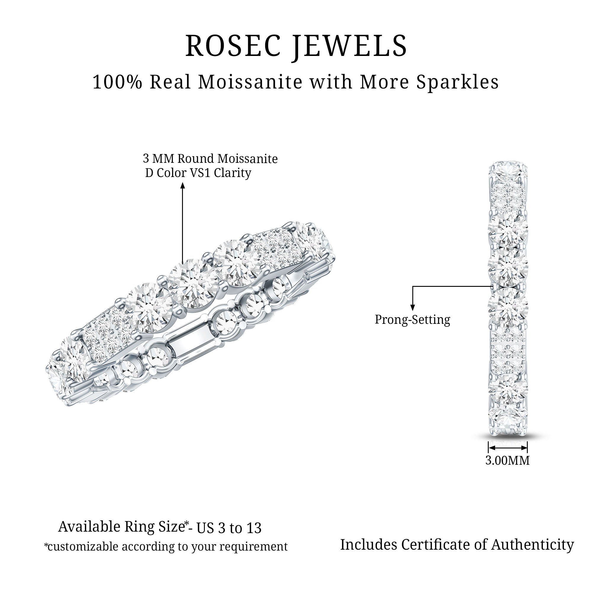 Designer Round Moissanite Full Eternity Ring for Women D-VS1 - Rosec Jewels