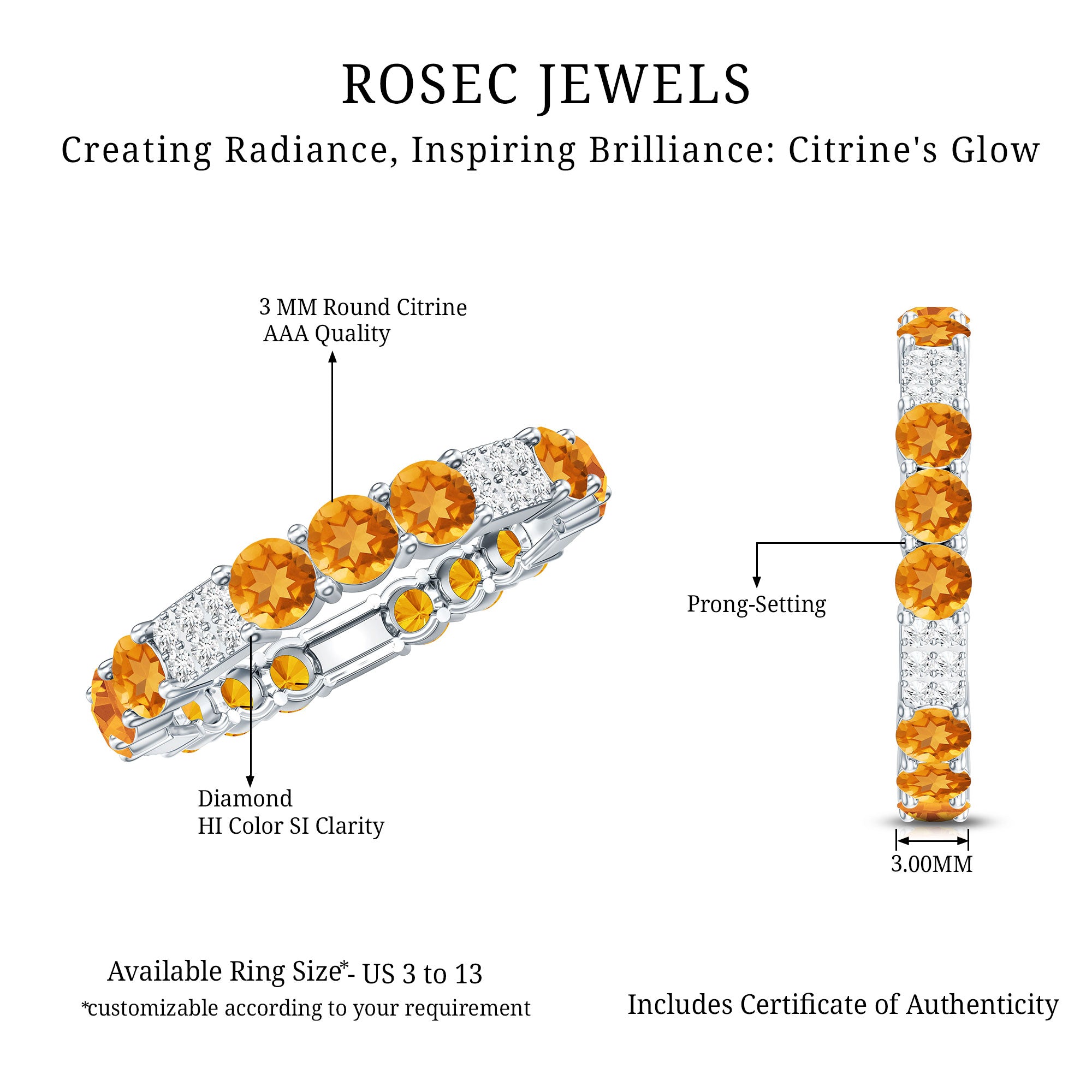Rosec Jewels-Natural Citrine Diamond Eternity Wedding Band