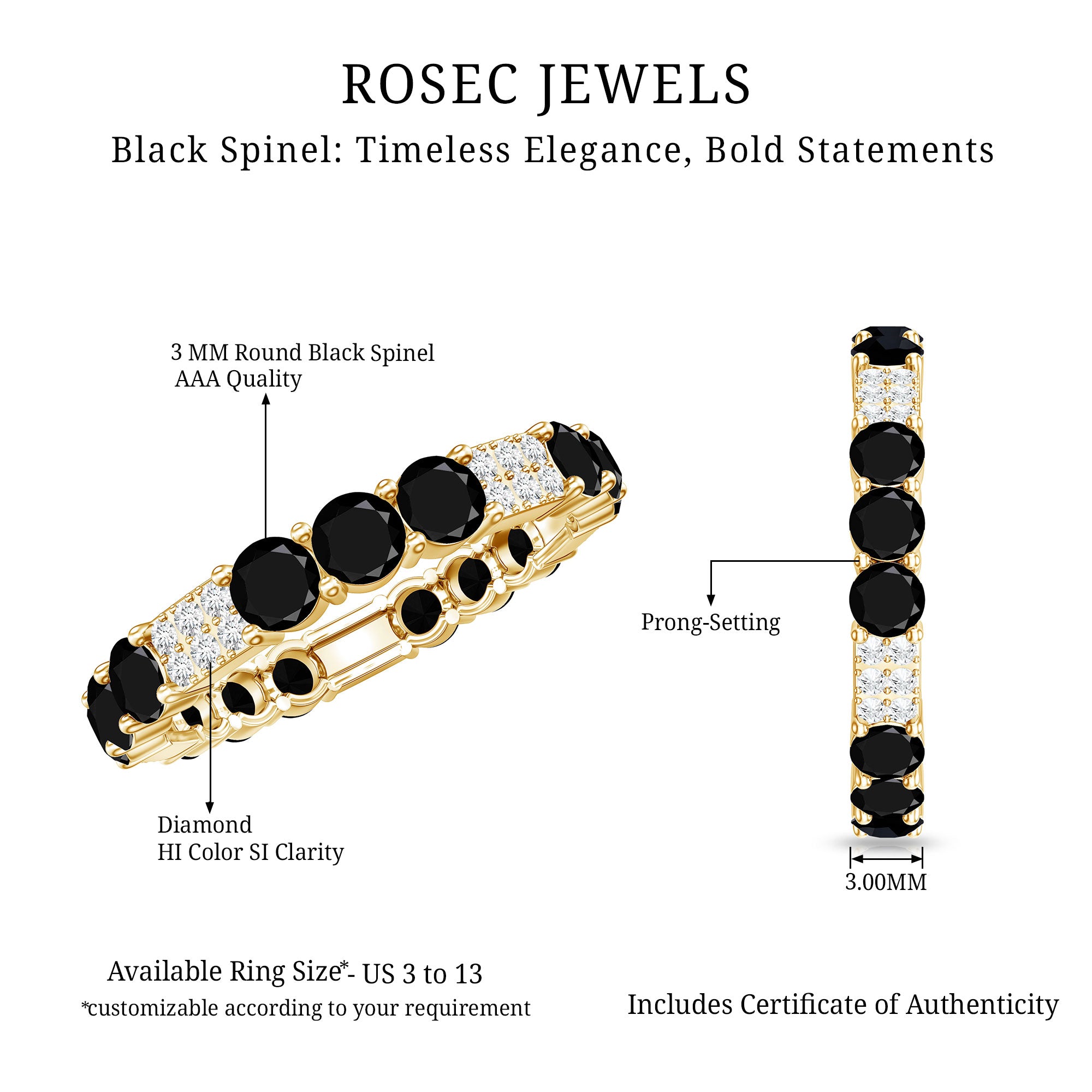 Real Black Spinel Diamond Eternity Ring for Anniversary AAA - Rosec Jewels