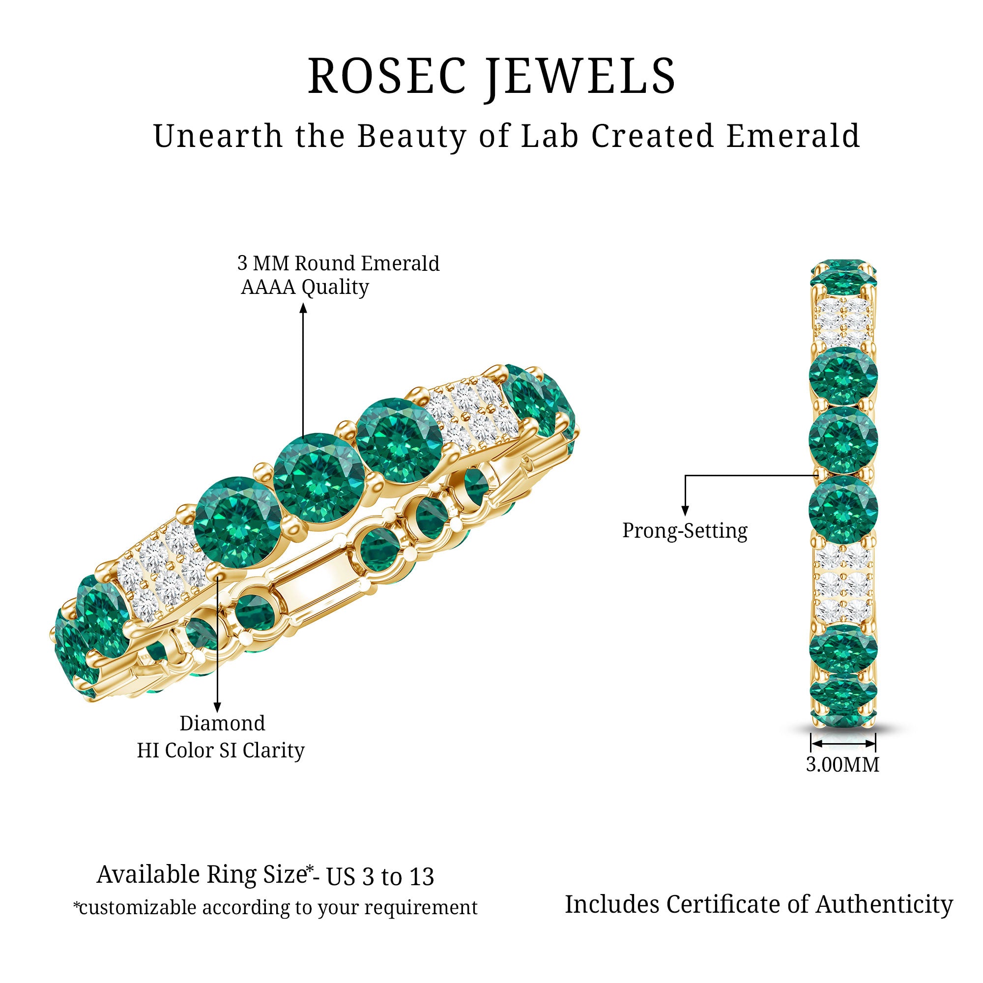 Certified Lab Grown Emerald Diamond Eternity Wedding Band AAAA - Rosec Jewels