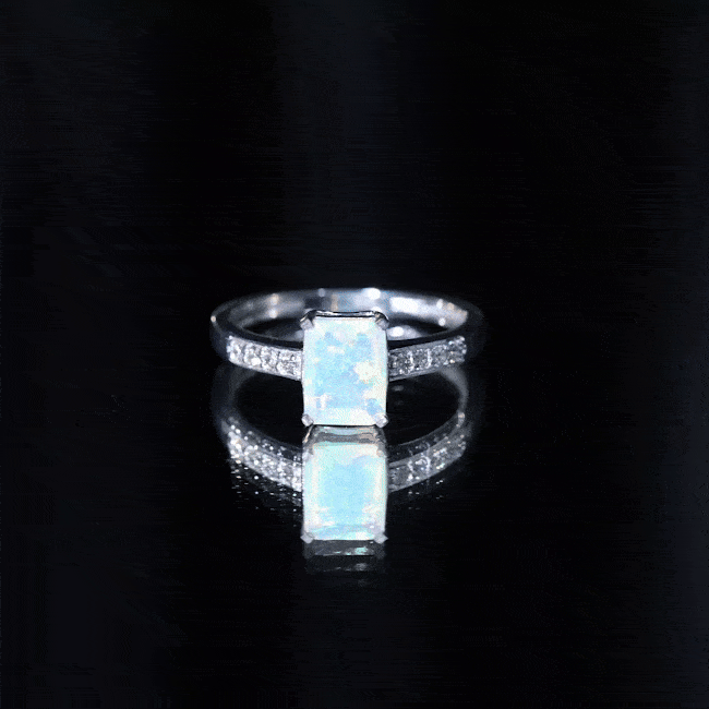 Genuine 6X8mm Ethiopian Opal Emerald Cut Engagement Ring with Diamond AAA - Rosec Jewels