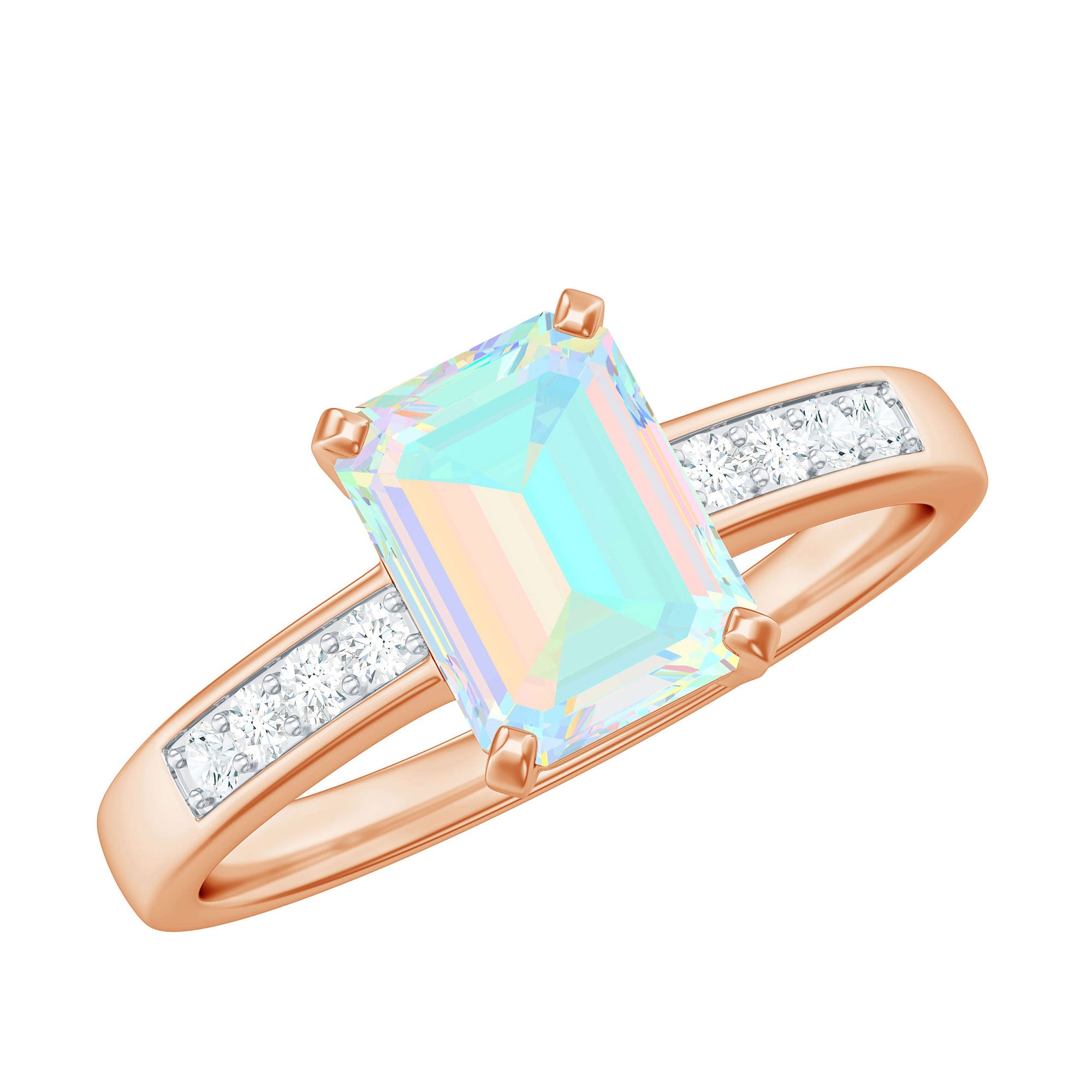 Genuine 6X8mm Ethiopian Opal Emerald Cut Engagement Ring with Diamond AAA - Rosec Jewels