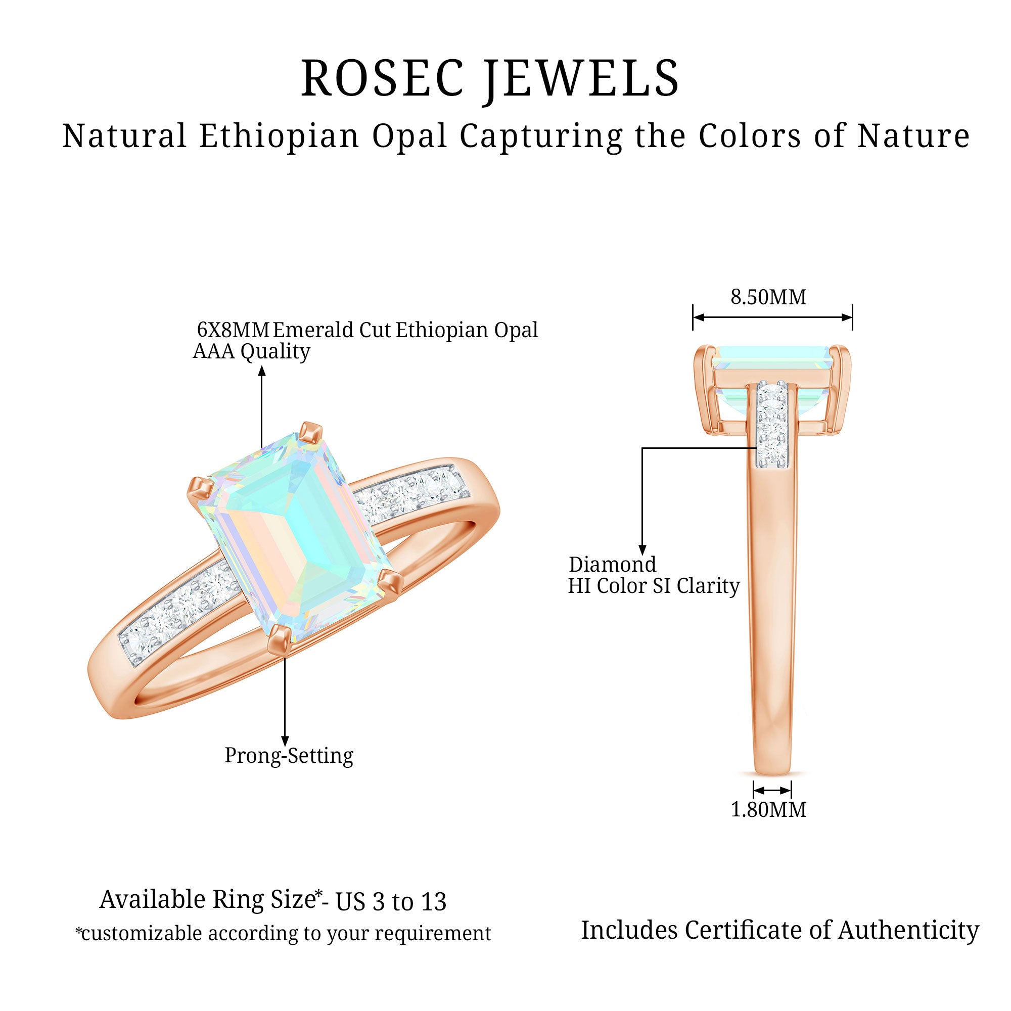 Genuine 6X8mm Ethiopian Opal Emerald Cut Engagement Ring with Diamond AAA - Rosec Jewels