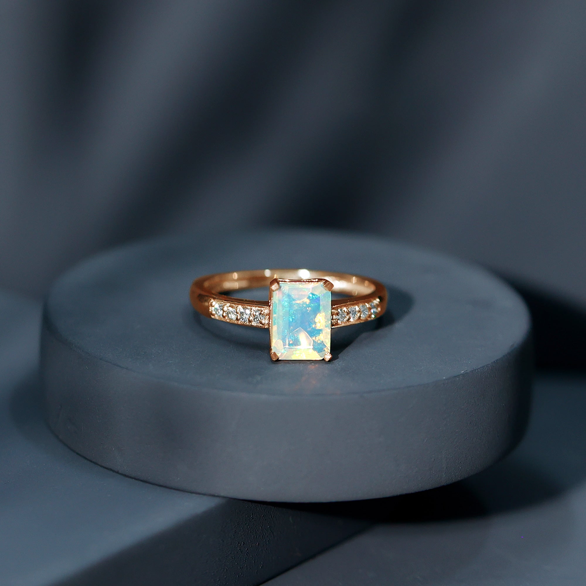 Genuine 6X8mm Ethiopian Opal Emerald Cut Engagement Ring with Diamond AAA - Rosec Jewels