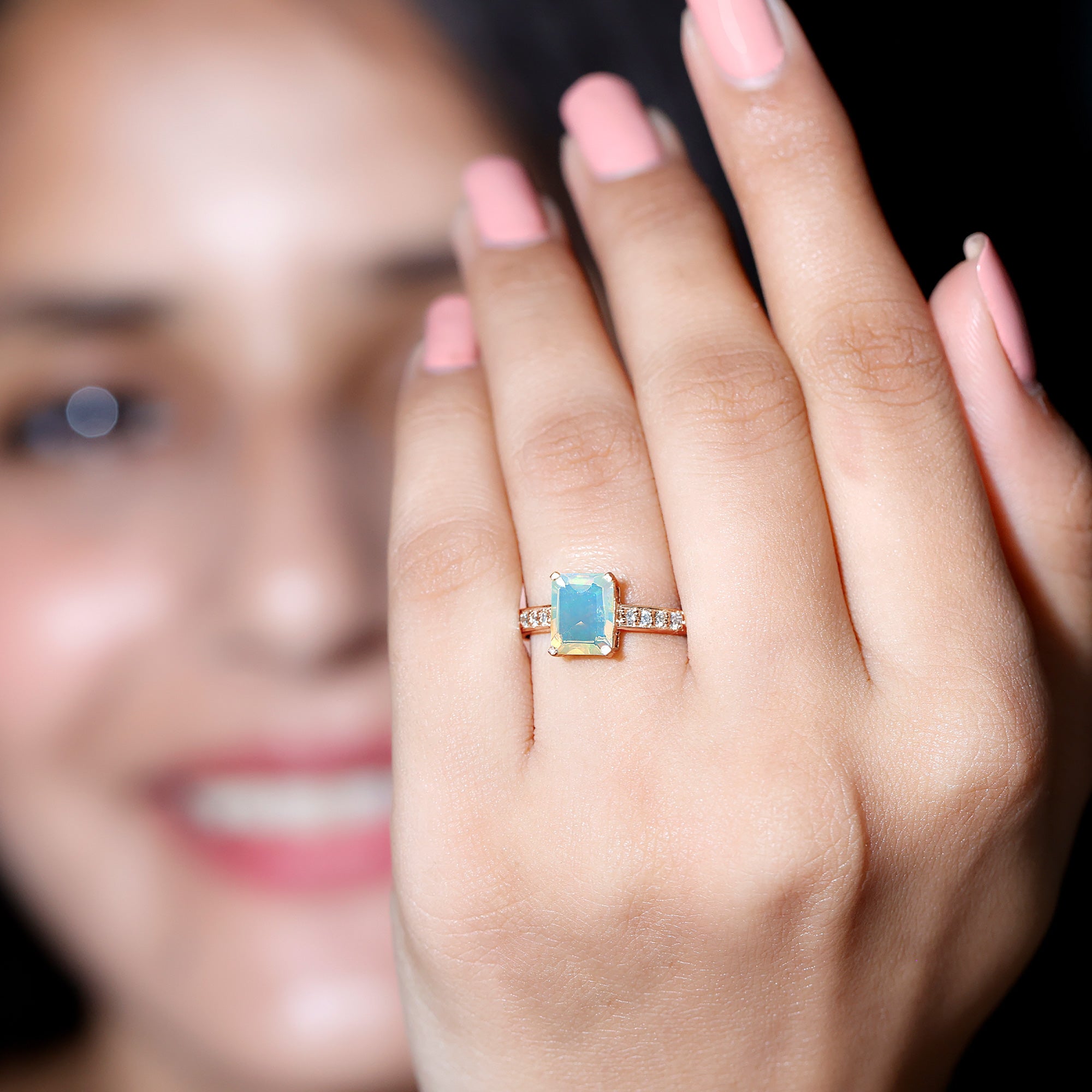 Genuine 6X8mm Ethiopian Opal Emerald Cut Engagement Ring with Diamond AAA - Rosec Jewels