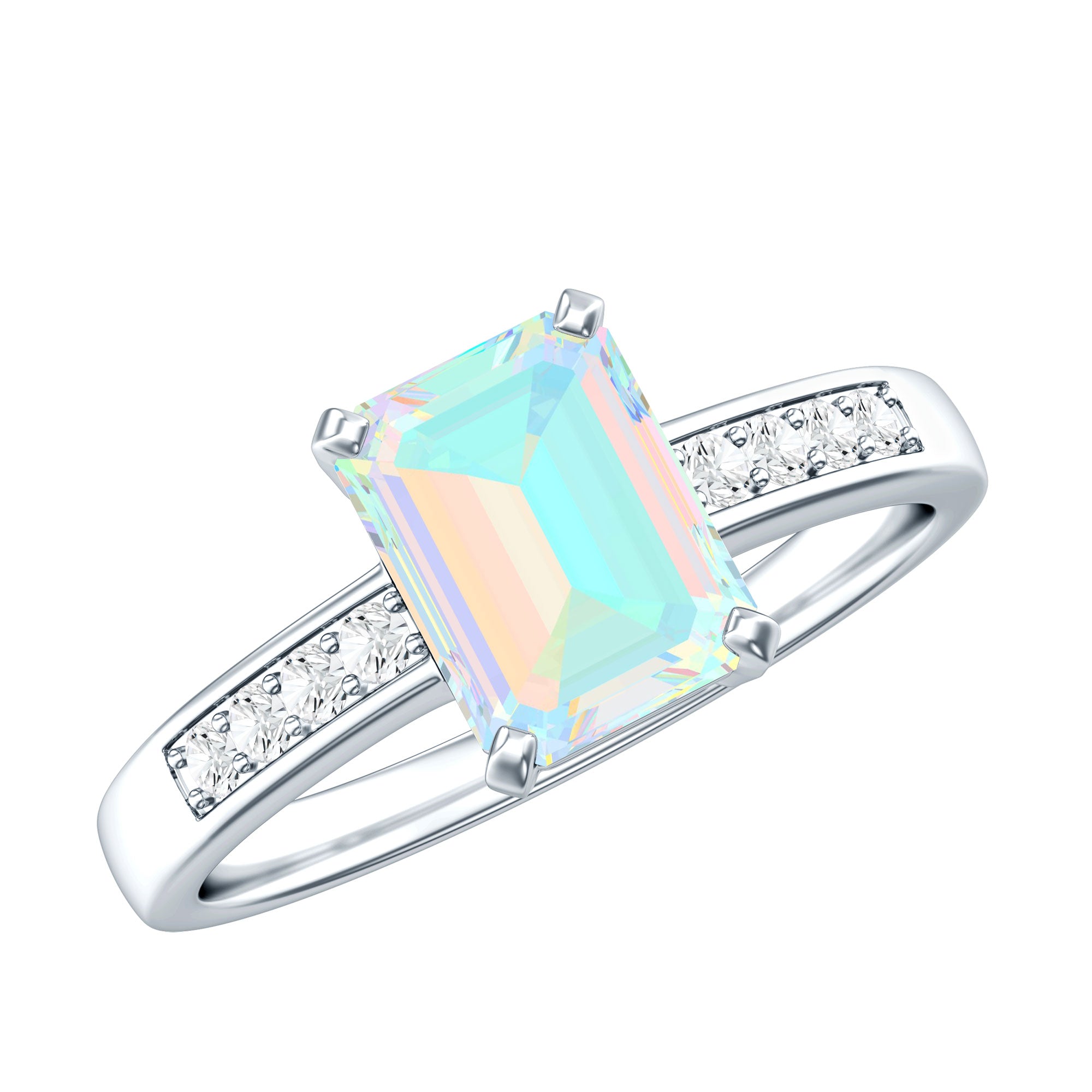 Genuine 6X8mm Ethiopian Opal Emerald Cut Engagement Ring with Diamond AAA - Rosec Jewels