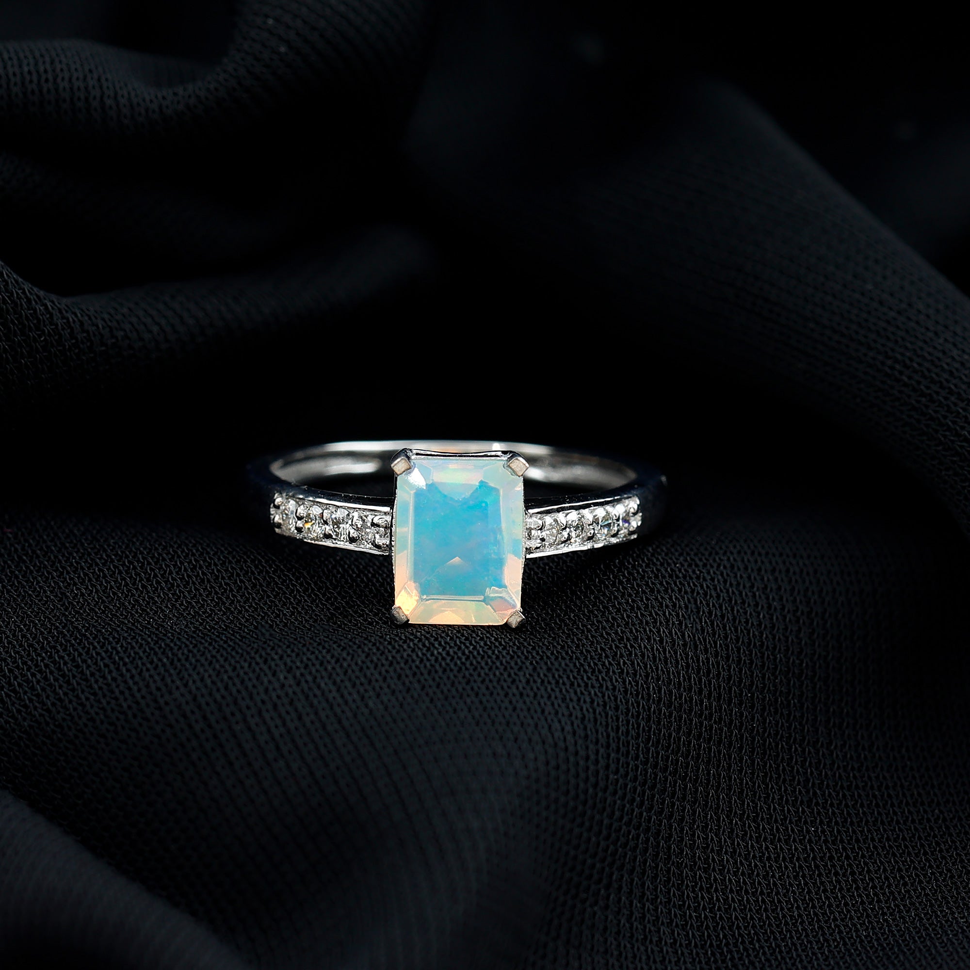 Genuine 6X8mm Ethiopian Opal Emerald Cut Engagement Ring with Diamond AAA - Rosec Jewels