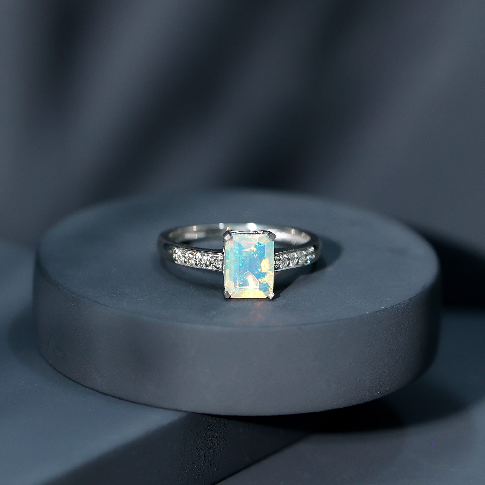 Genuine 6X8mm Ethiopian Opal Emerald Cut Engagement Ring with Diamond AAA - Rosec Jewels