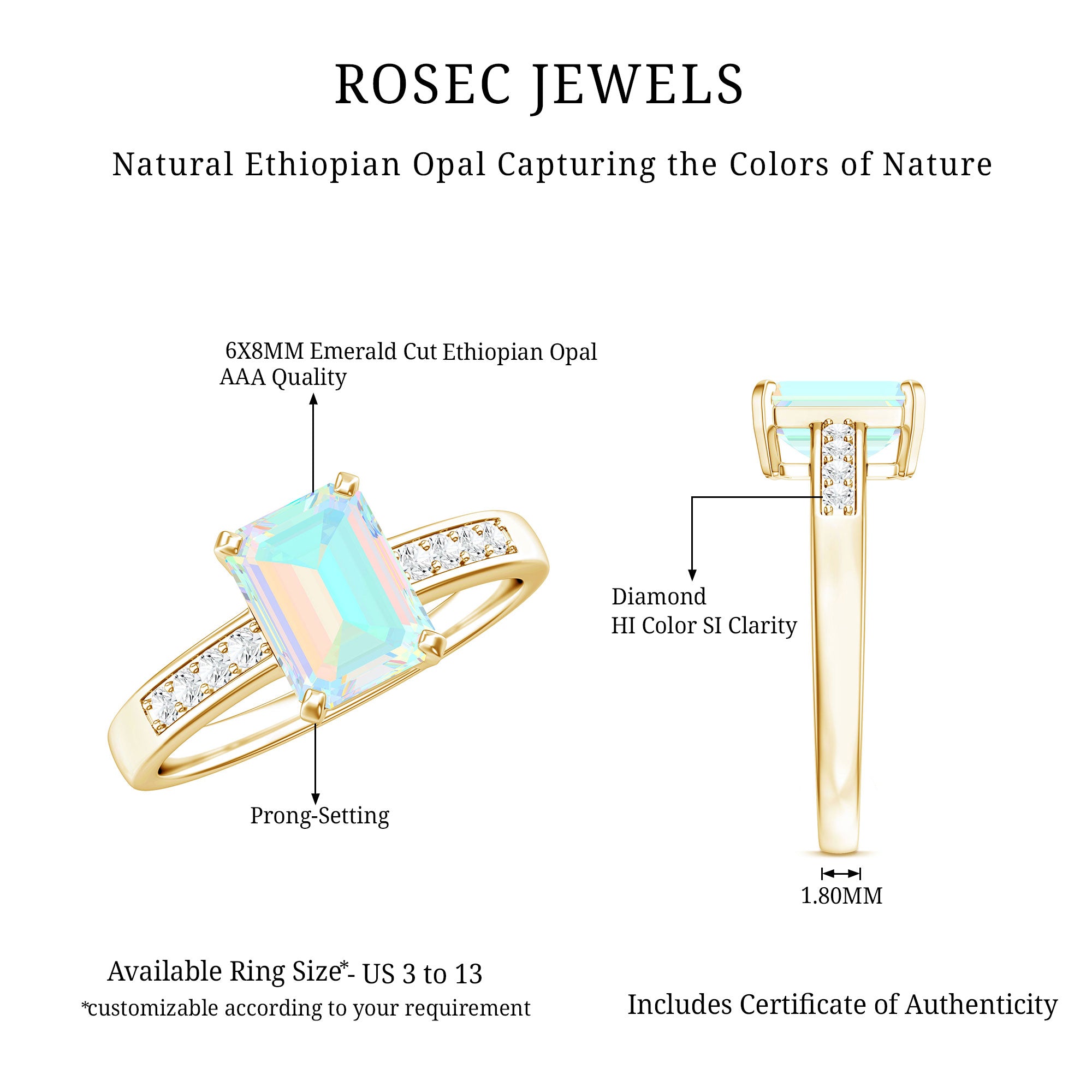 Genuine 6X8mm Ethiopian Opal Emerald Cut Engagement Ring with Diamond AAA - Rosec Jewels