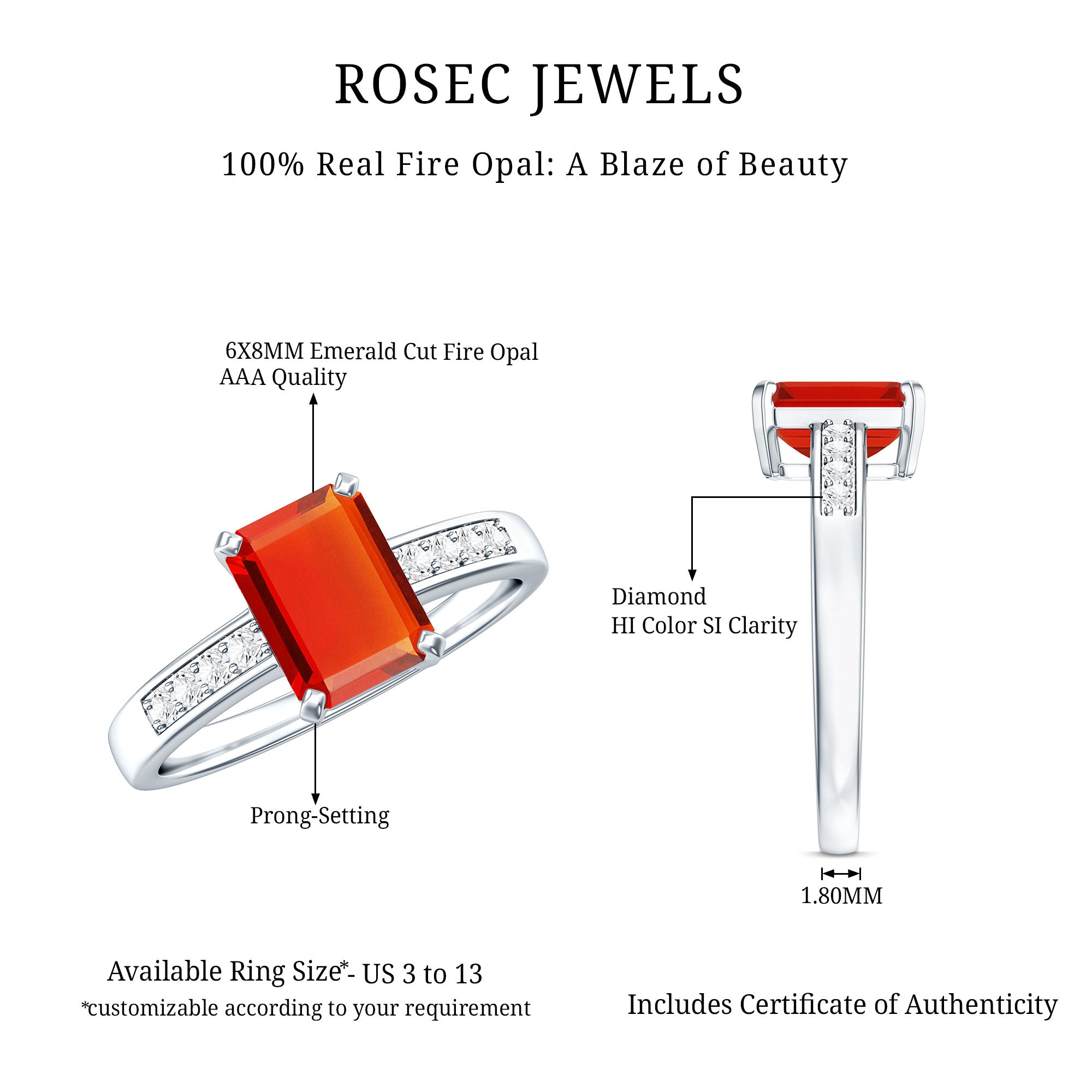 Emerald Cut Real Fire Opal Solitaire Engagement Ring with Diamond AAA - Rosec Jewels