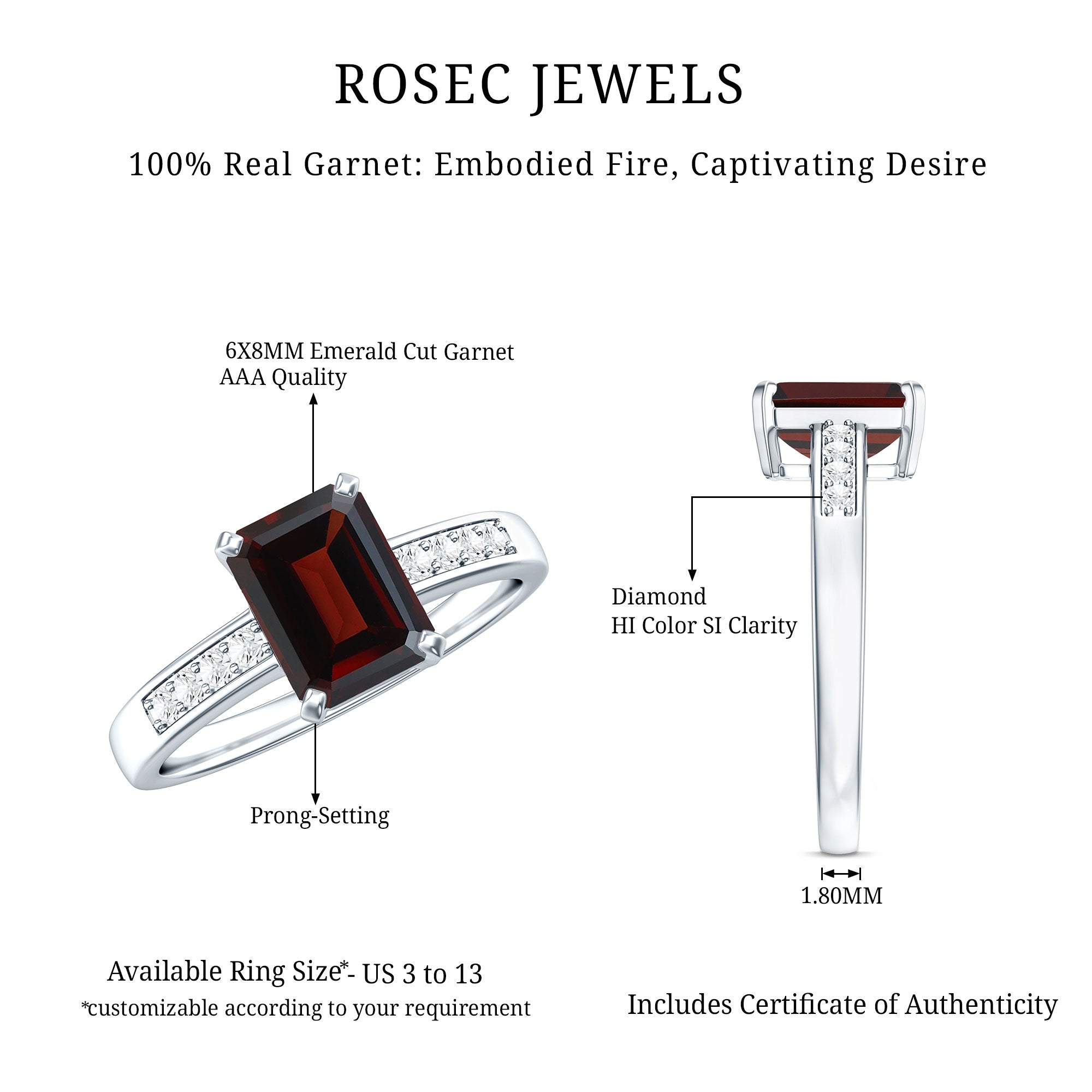 Certified Natural 6X8mm Garnet Emerald Cut Engagement Ring with Diamond AAA - Rosec Jewels