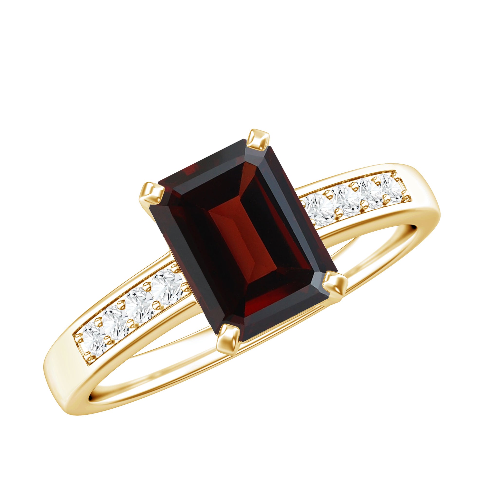 Certified Natural 6X8mm Garnet Emerald Cut Engagement Ring with Diamond AAA - Rosec Jewels