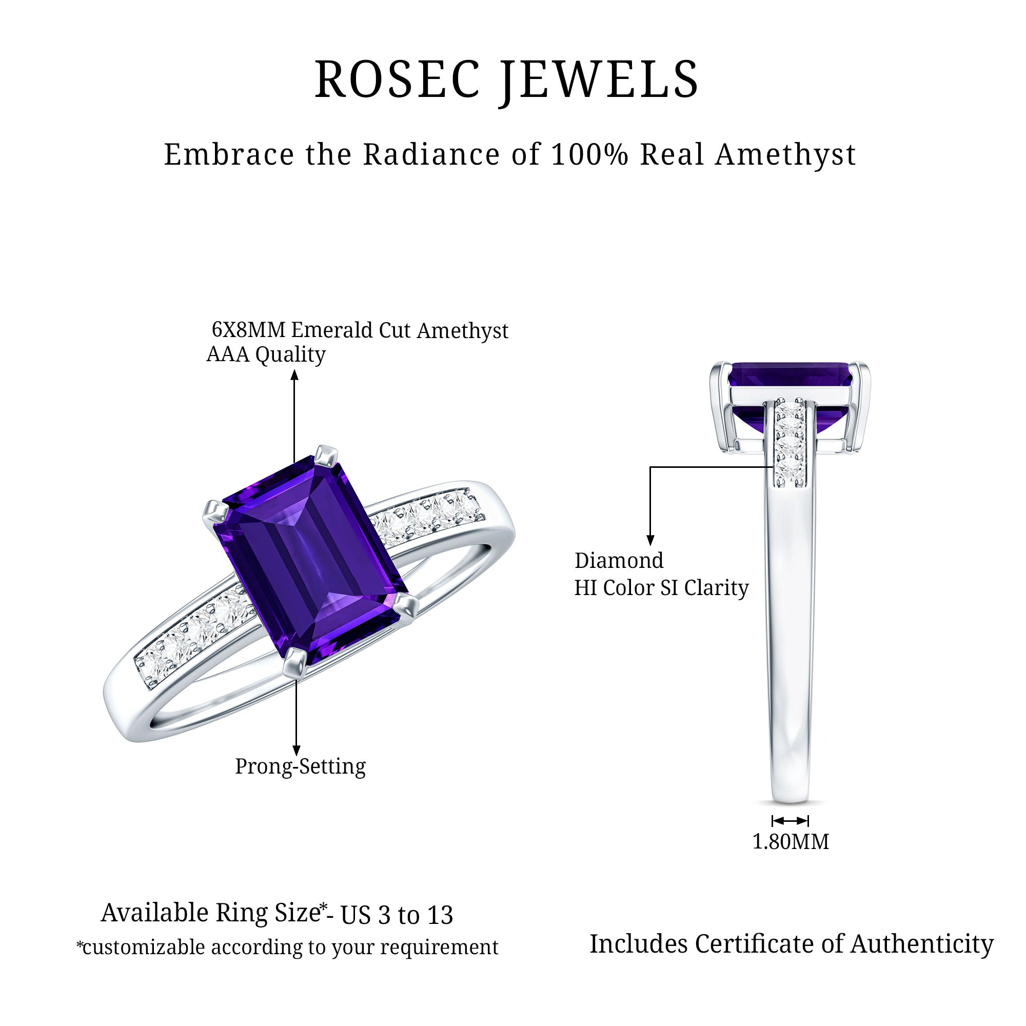 Natural 1.4 Carat Amethyst Emerald Cut Engagement Ring with Diamond AAA - Rosec Jewels