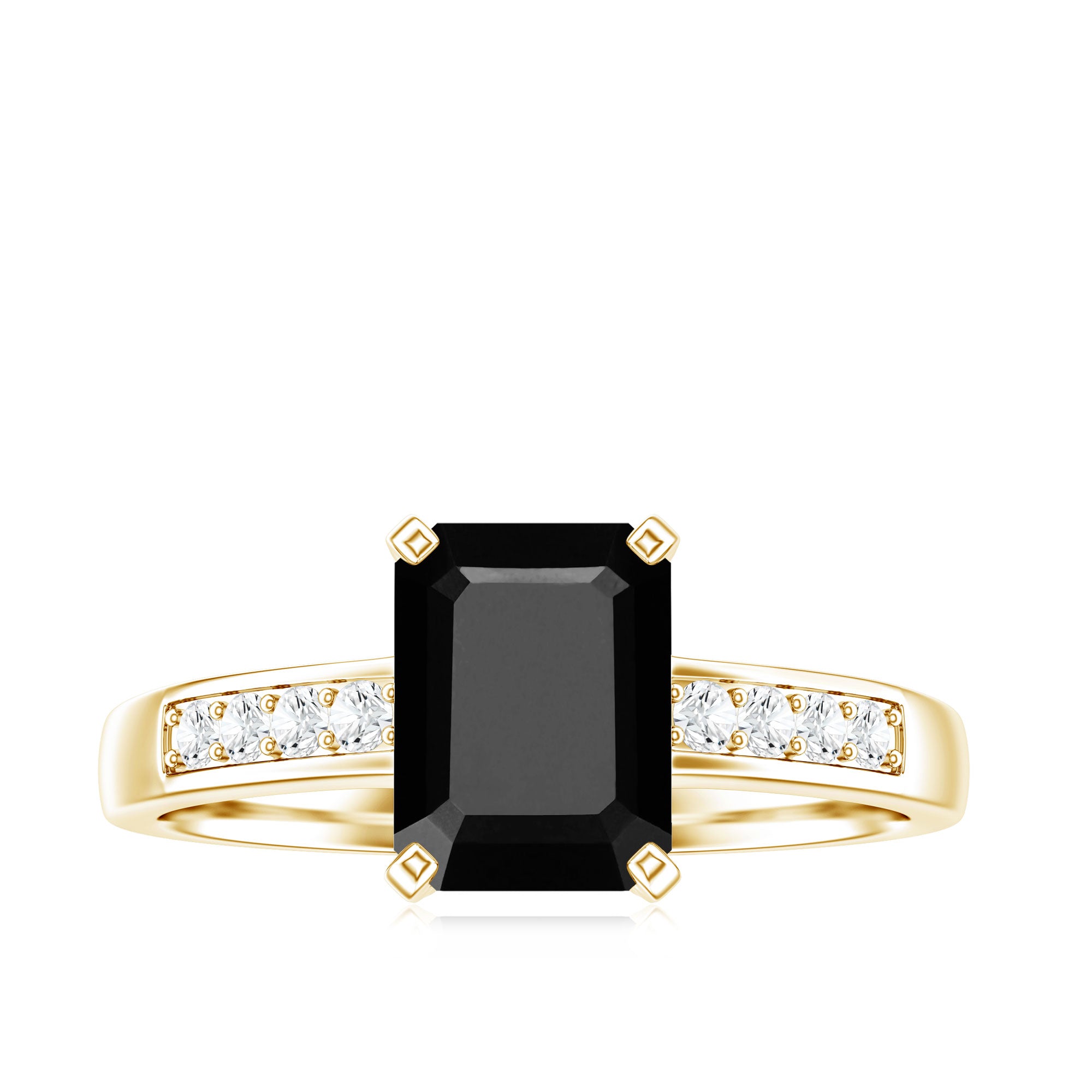 6X8mm Emerald Cut Black Onyx Engagement Ring with Diamond AAA - Rosec Jewels