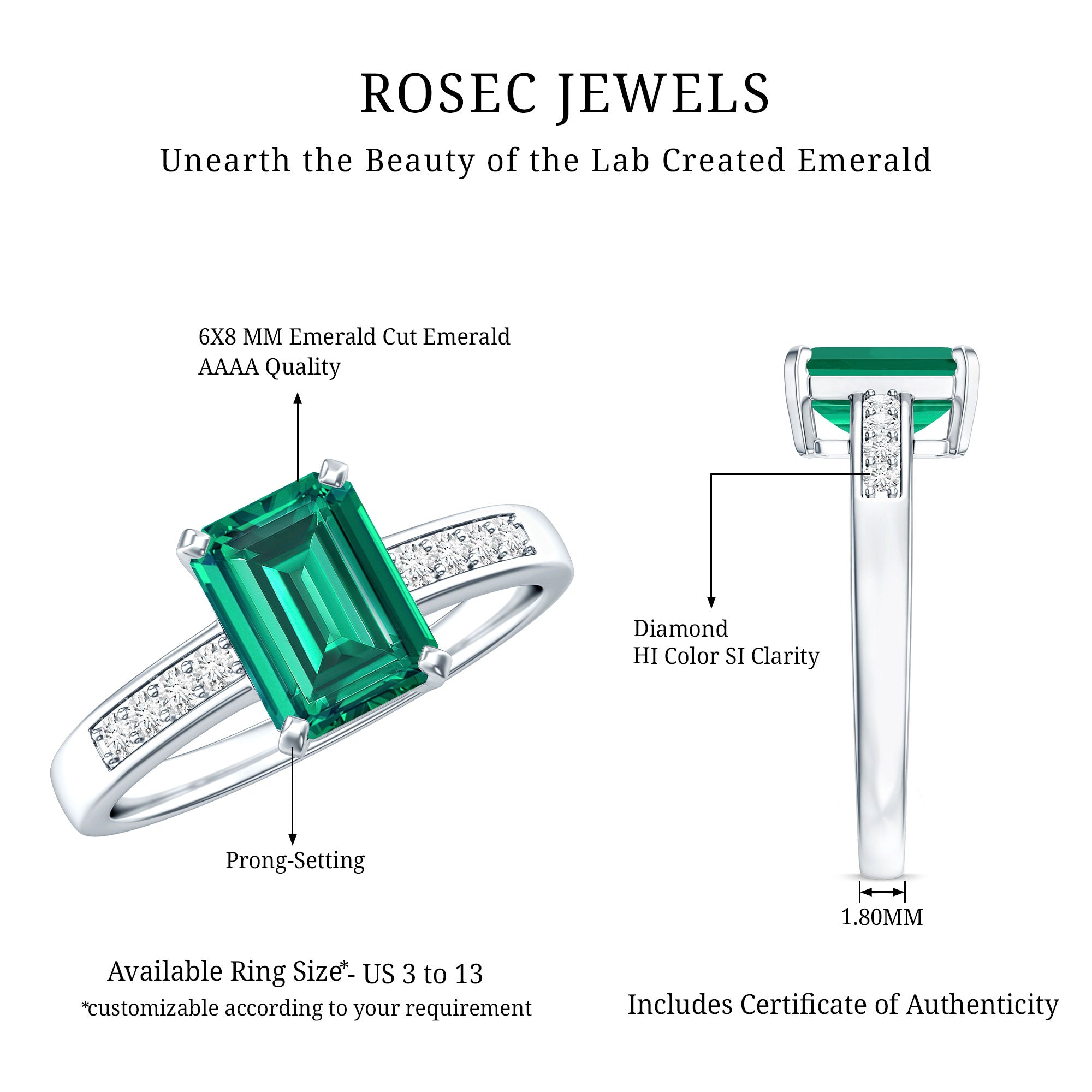 Octagon Lab Grown Emerald Solitaire Engagement Ring with Diamond AAAA - Rosec Jewels