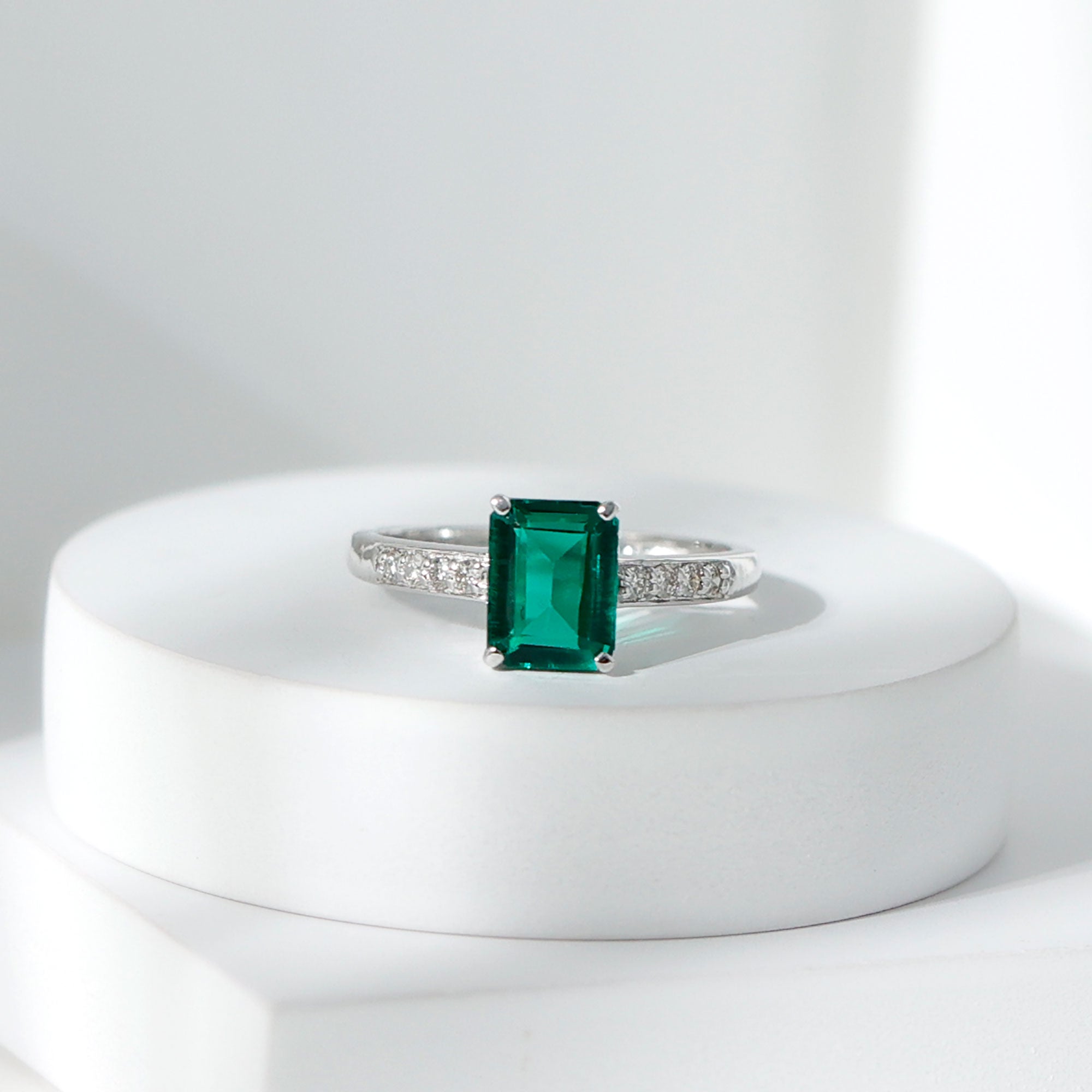 Octagon Lab Grown Emerald Solitaire Engagement Ring with Diamond AAAA - Rosec Jewels