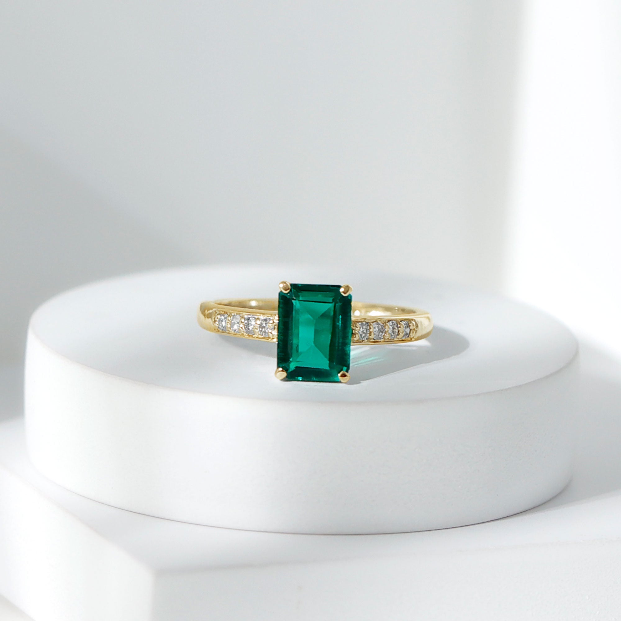 Octagon Lab Grown Emerald Solitaire Engagement Ring with Diamond AAAA - Rosec Jewels
