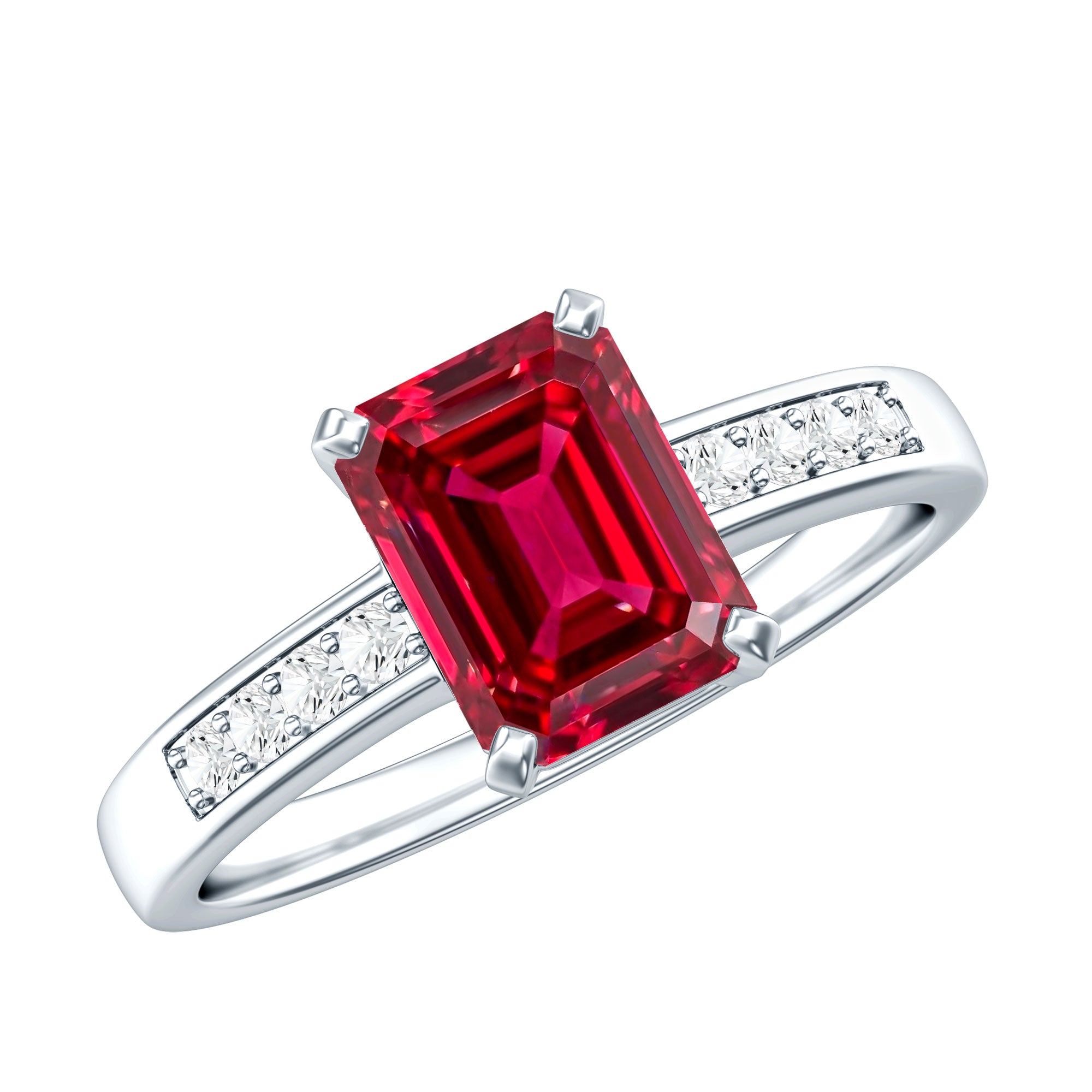 Lab Grown Ruby Emerald Cut Engagement Ring with Real Diamond AAAA - Rosec Jewels