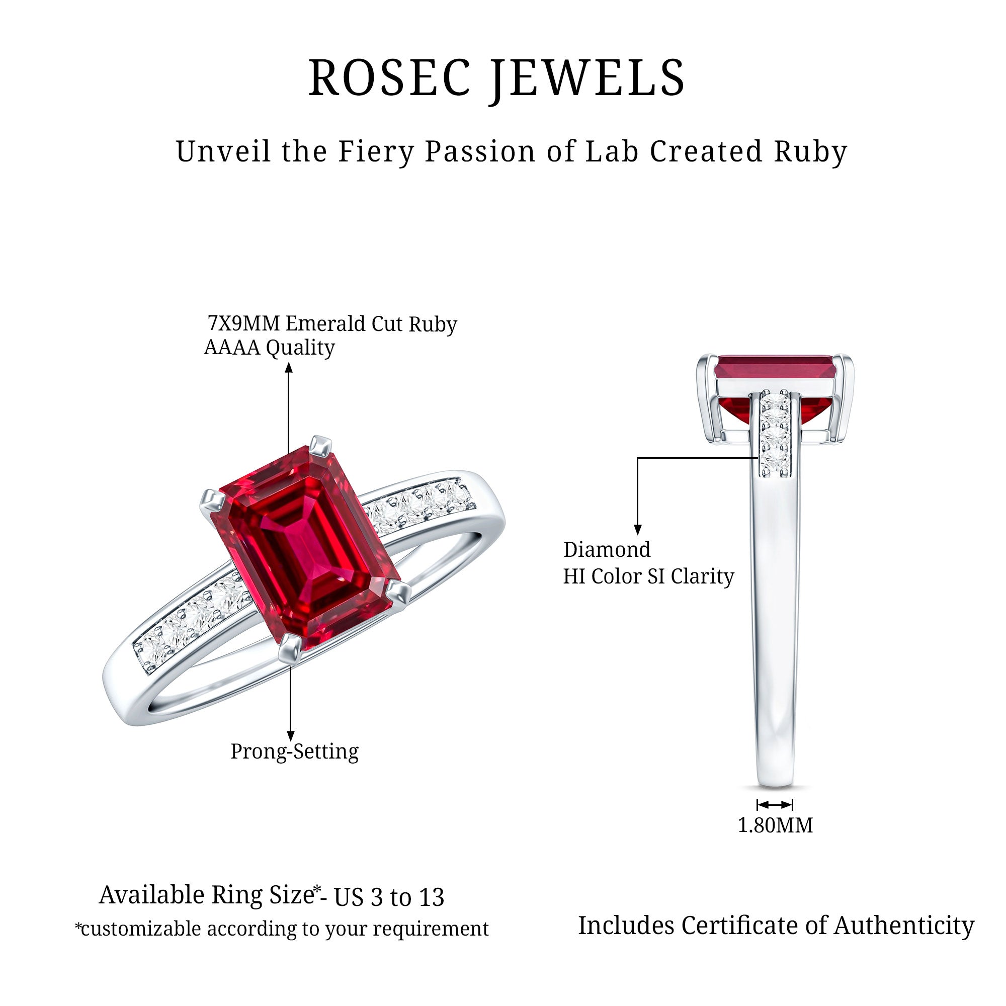 Lab Grown Ruby Emerald Cut Engagement Ring with Real Diamond AAAA - Rosec Jewels