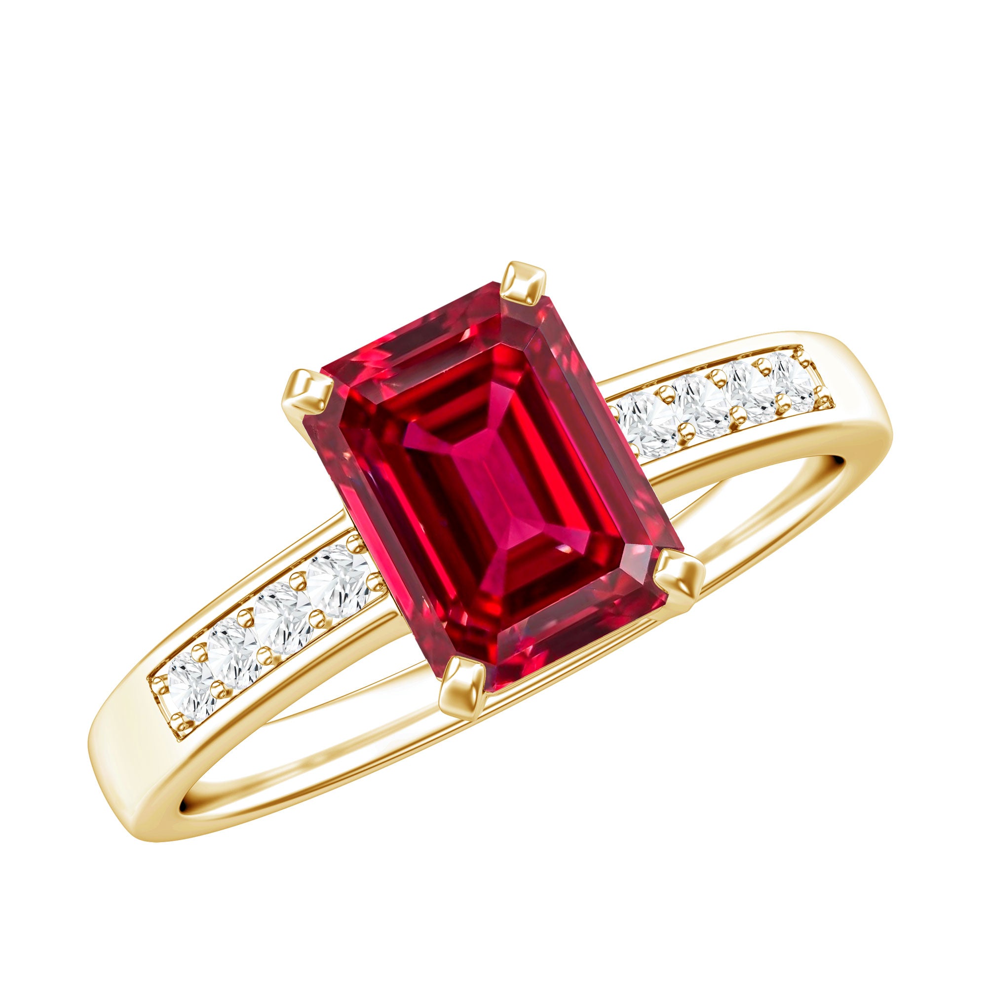 Lab Grown Ruby Emerald Cut Engagement Ring with Real Diamond AAAA - Rosec Jewels