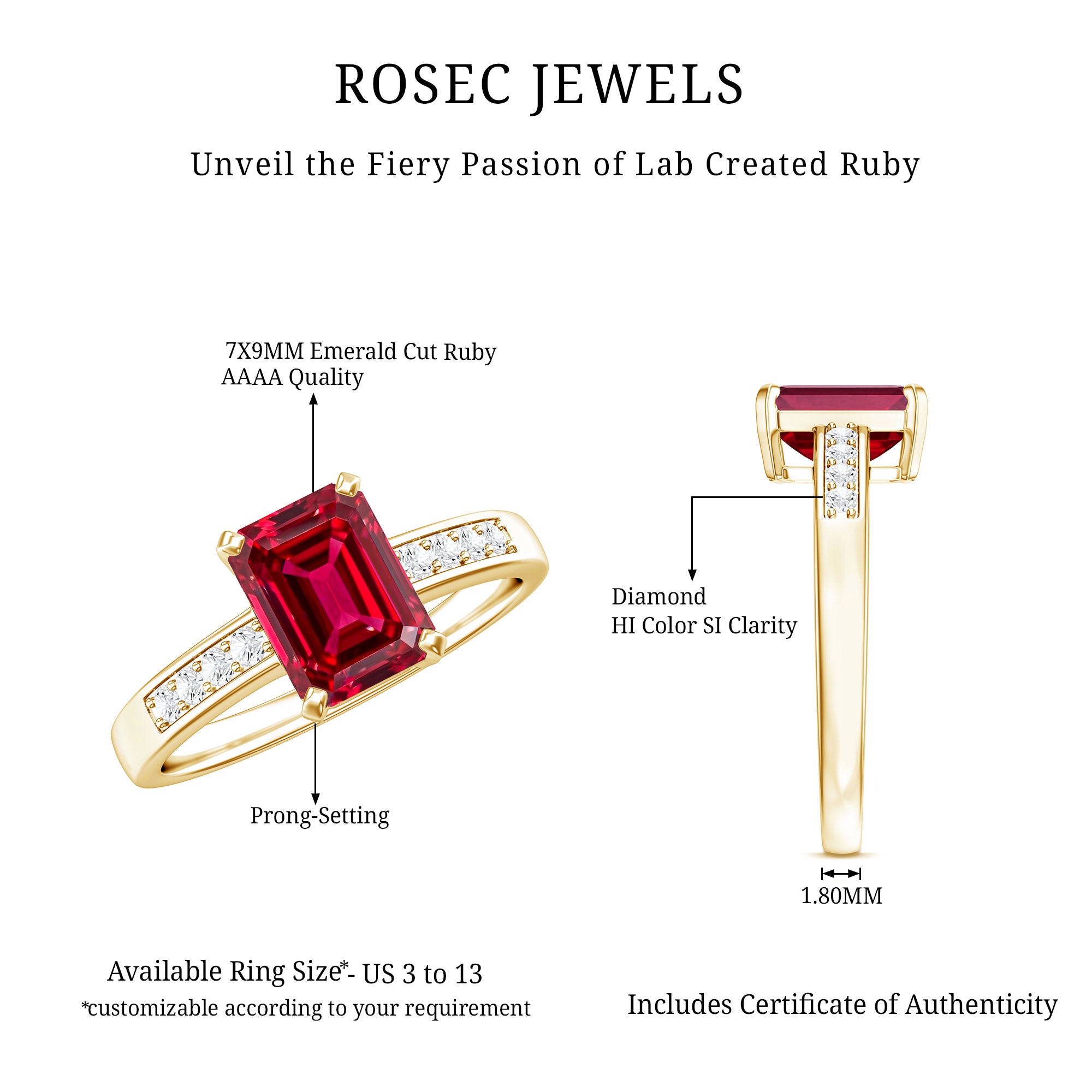 Lab Grown Ruby Emerald Cut Engagement Ring with Real Diamond AAAA - Rosec Jewels